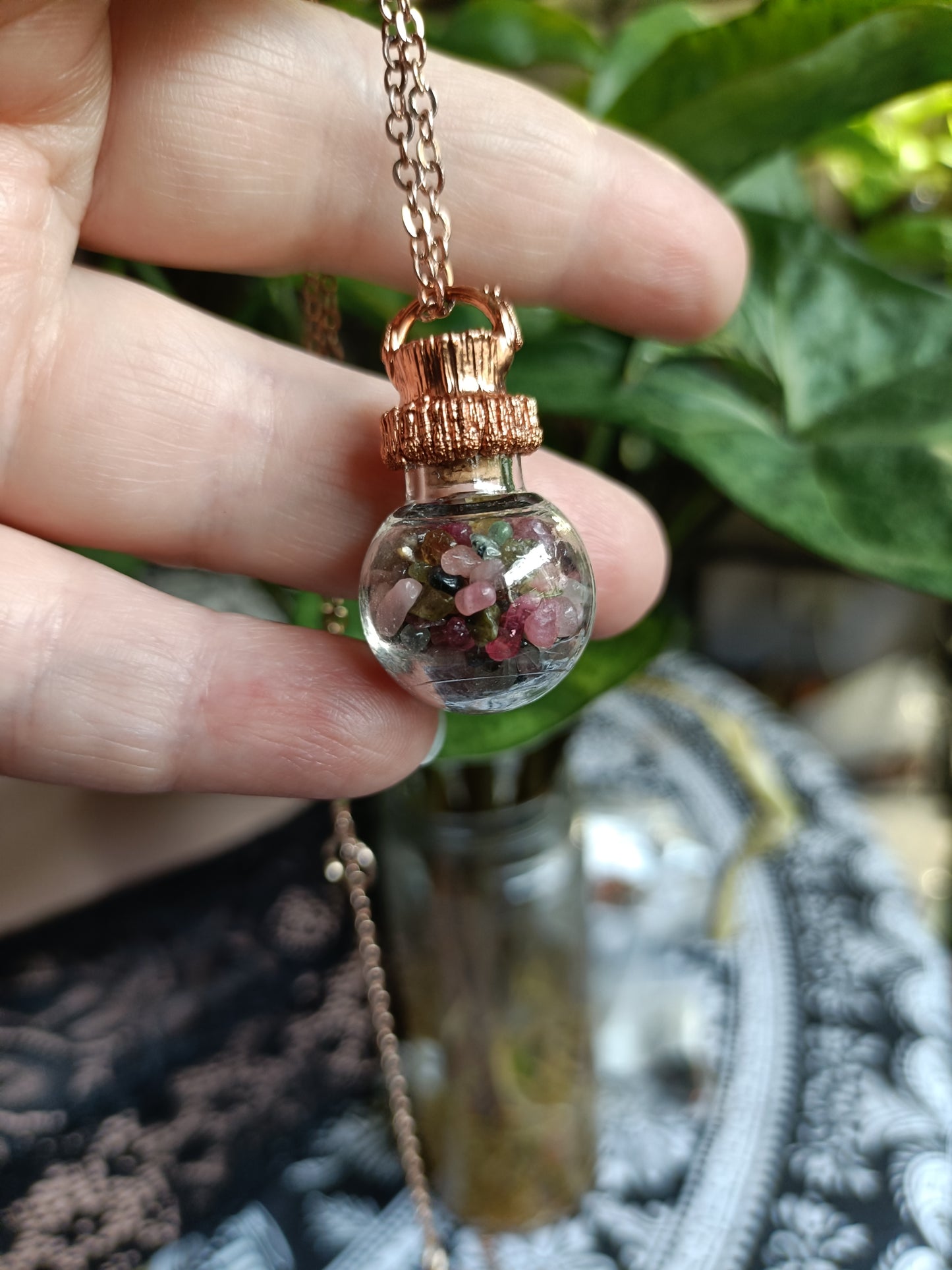 Mixed Tourmaline Round Glass Vial Copper Electroformed Pendant Necklace