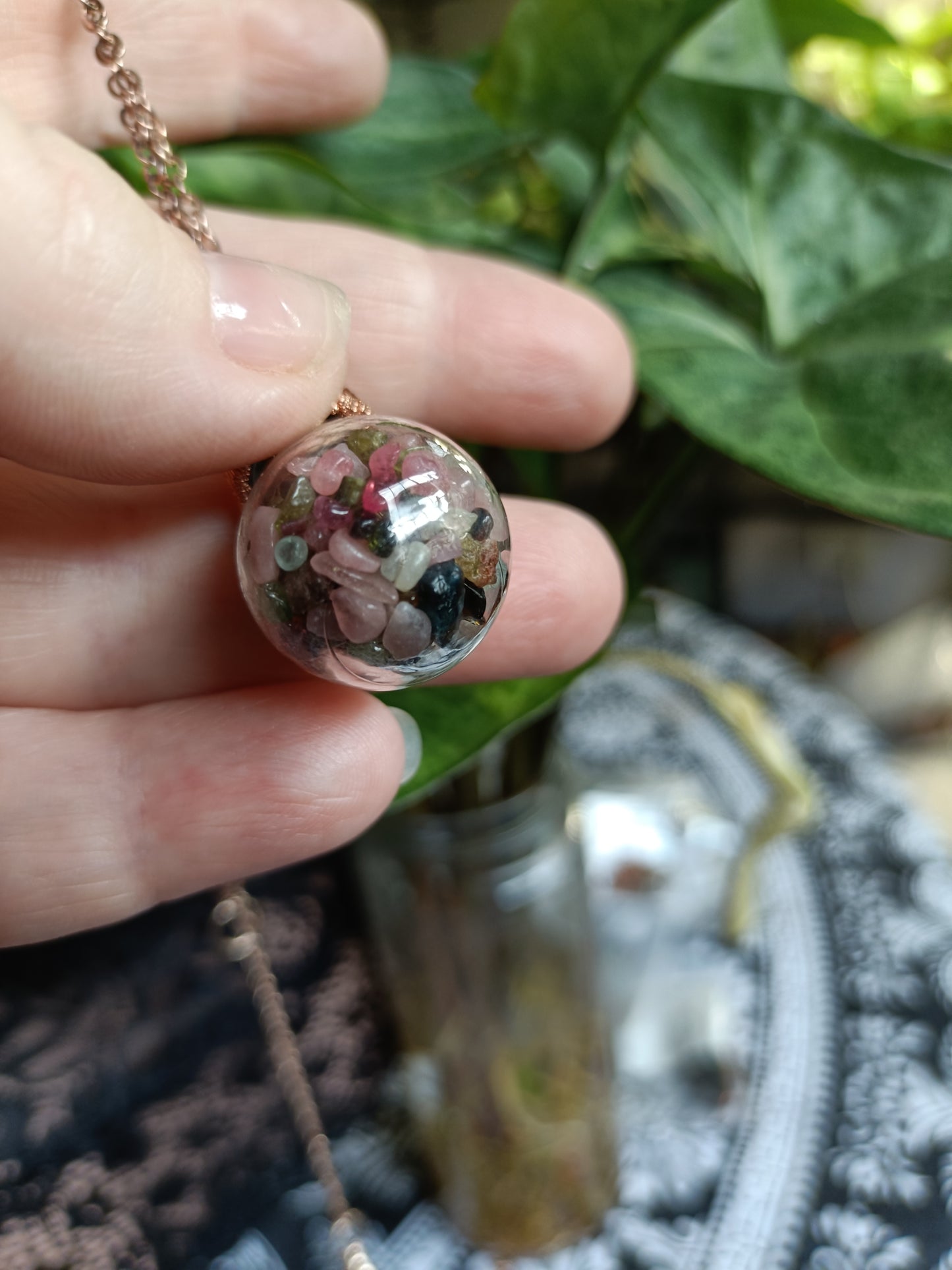Mixed Tourmaline Round Glass Vial Copper Electroformed Pendant Necklace