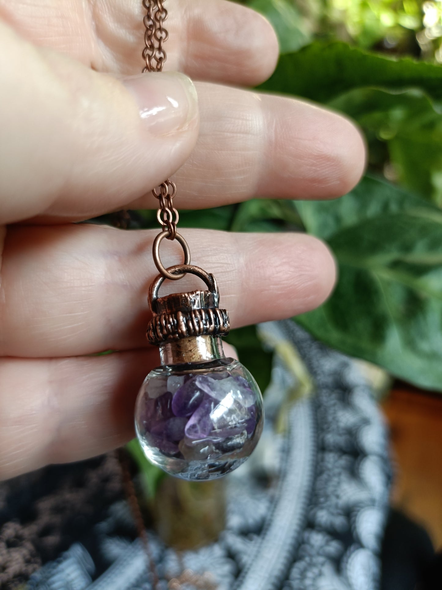 Amethyst Round Glass Vial Copper Electroformed Pendant Necklace