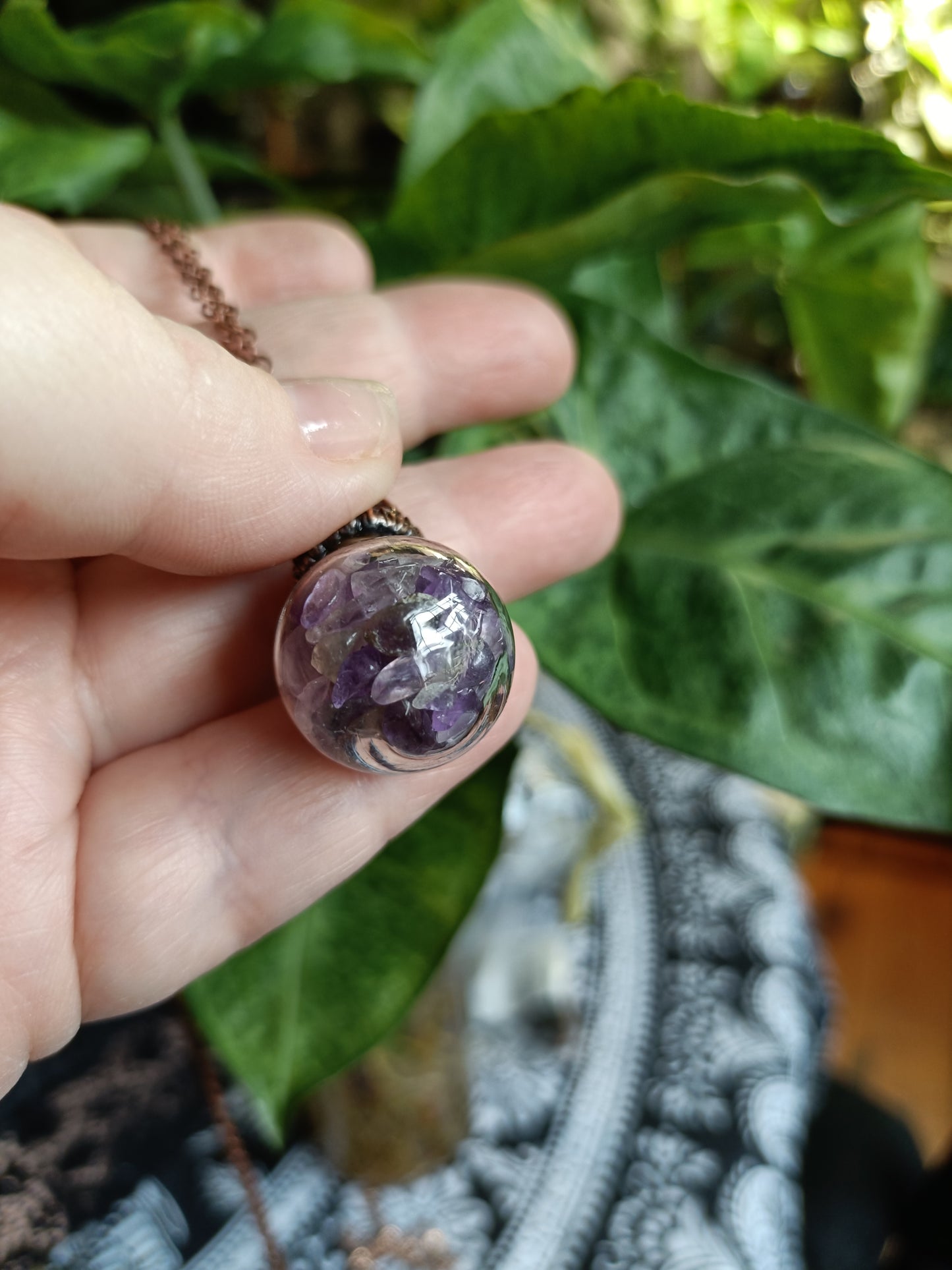 Amethyst Round Glass Vial Copper Electroformed Pendant Necklace