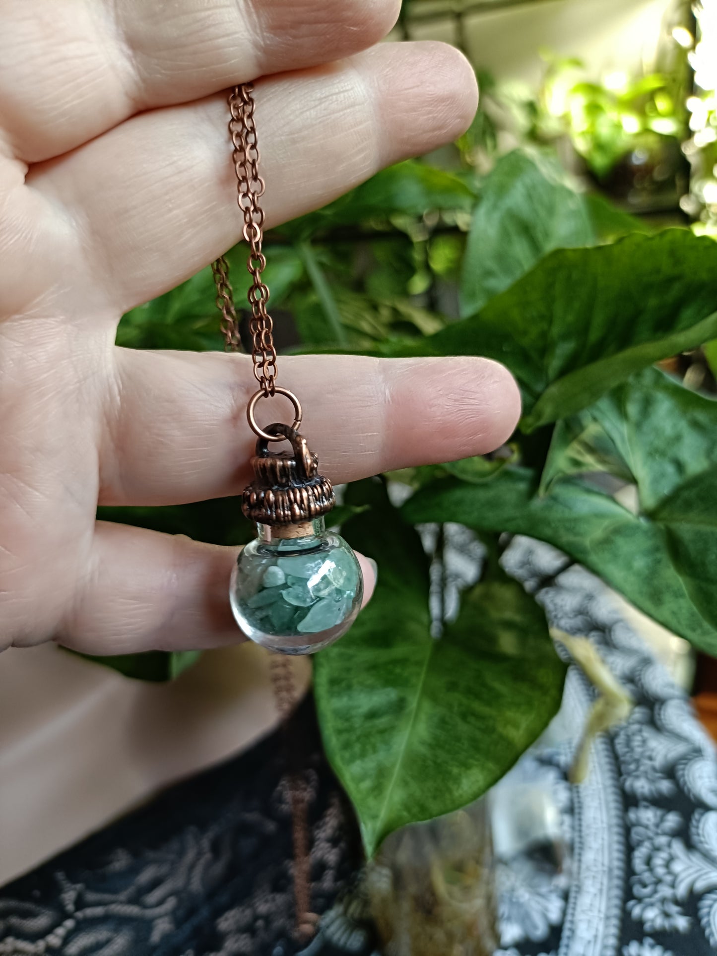 Green Adventurine Round Glass Vial Copper Electroformed Pendant Necklace