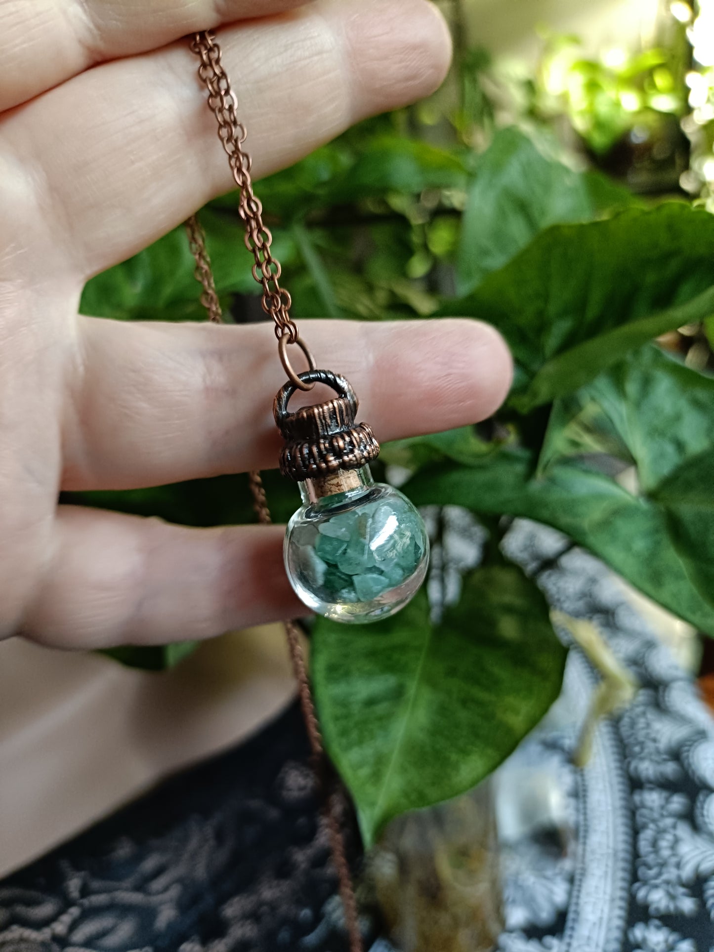 Green Adventurine Round Glass Vial Copper Electroformed Pendant Necklace