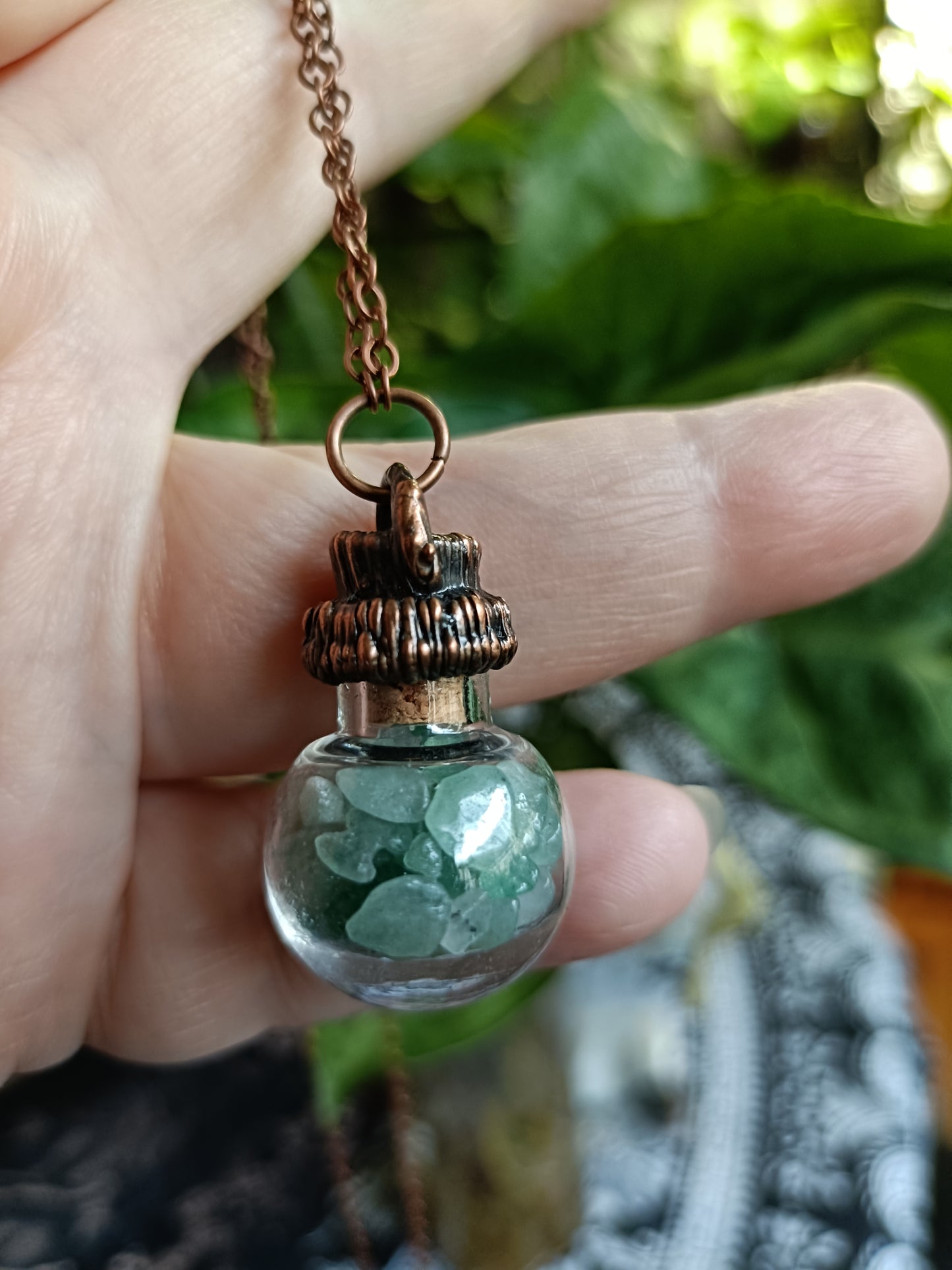 Green Adventurine Round Glass Vial Copper Electroformed Pendant Necklace