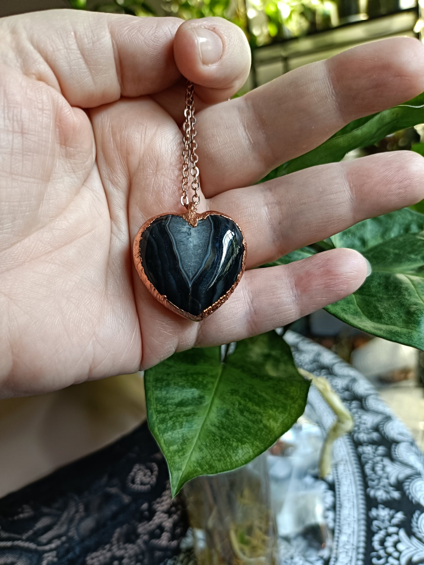Sardonyx Agate Heart Copper Electroformed Pendant Necklace