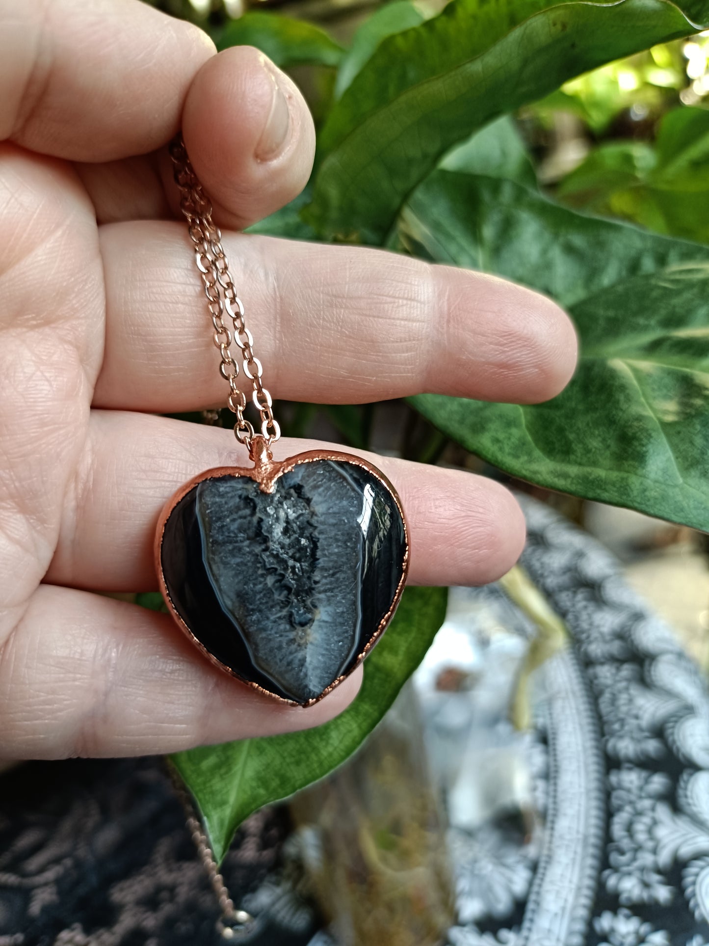 Sardonyx Agate Heart Copper Electroformed Pendant Necklace