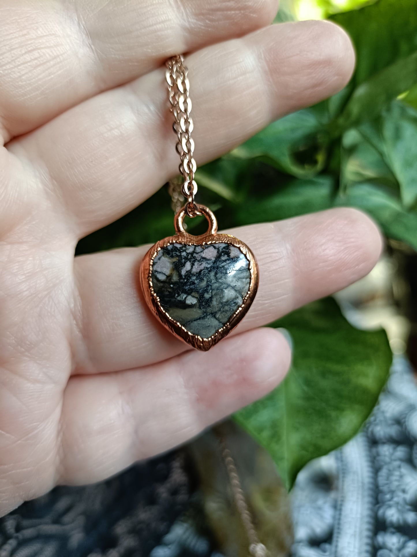 Copper Electroformed Rhodonite Heart Pendant Necklace