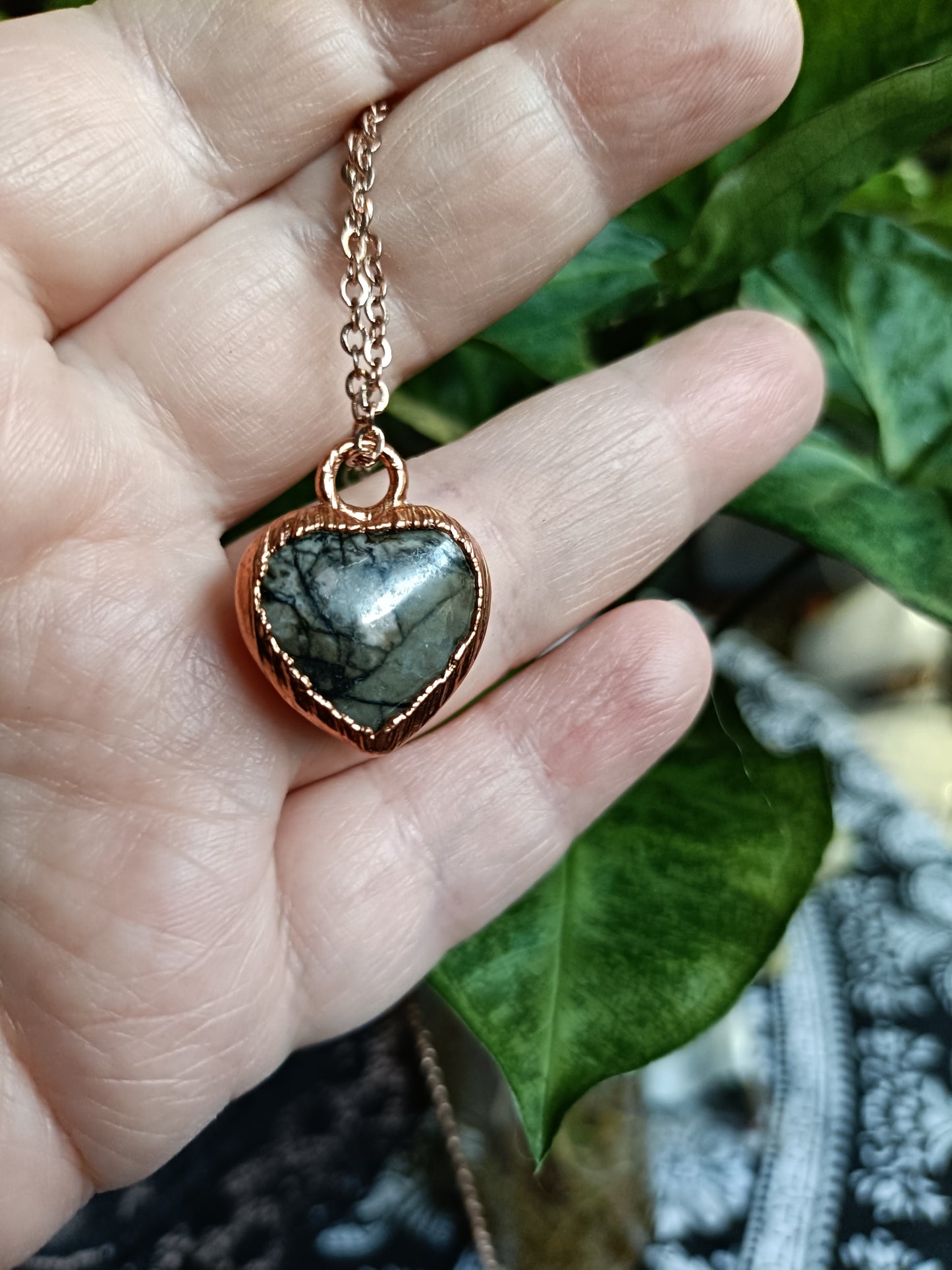 Copper Electroformed Rhodonite Heart Pendant Necklace