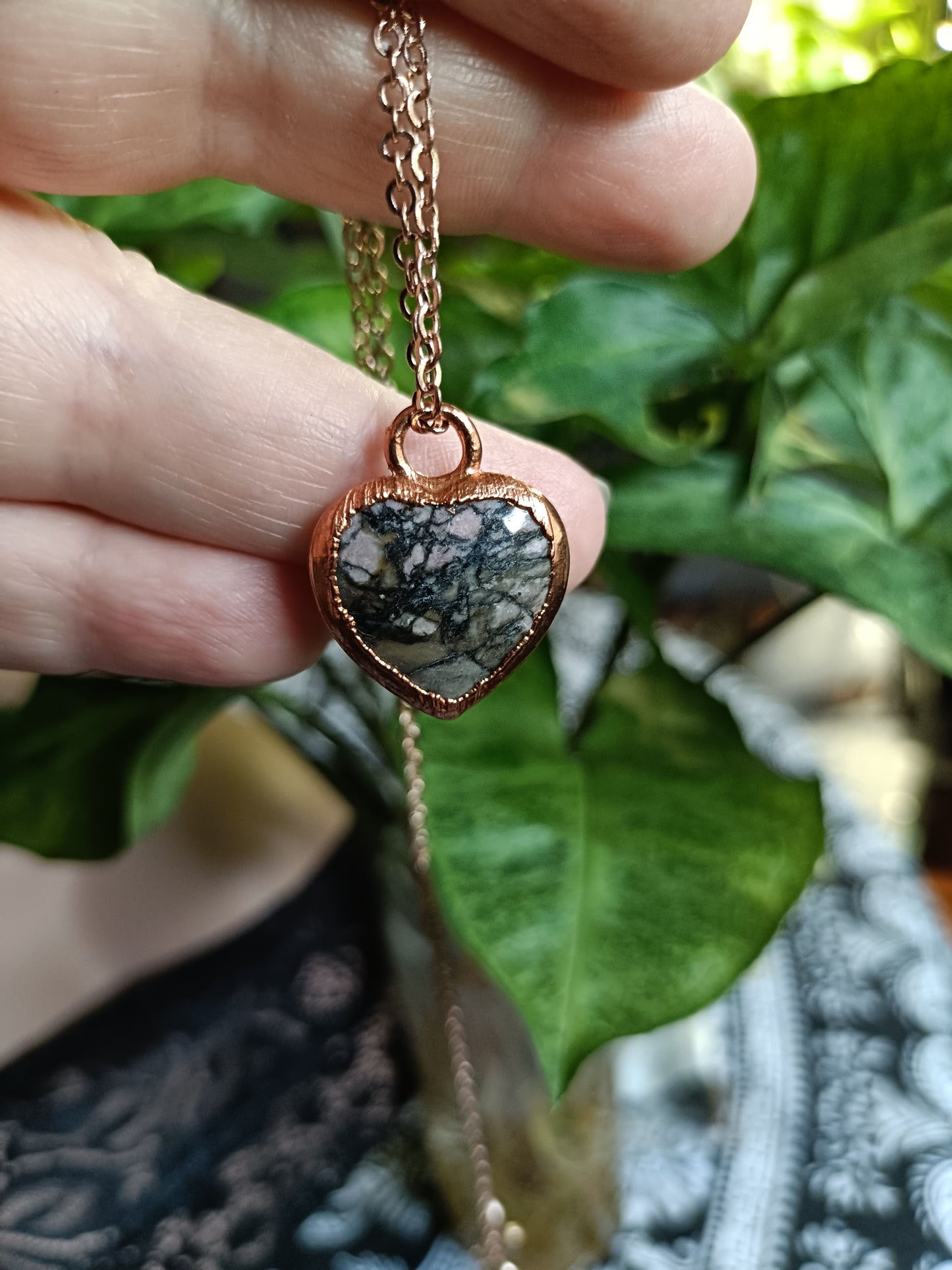 Copper Electroformed Rhodonite Heart Pendant Necklace