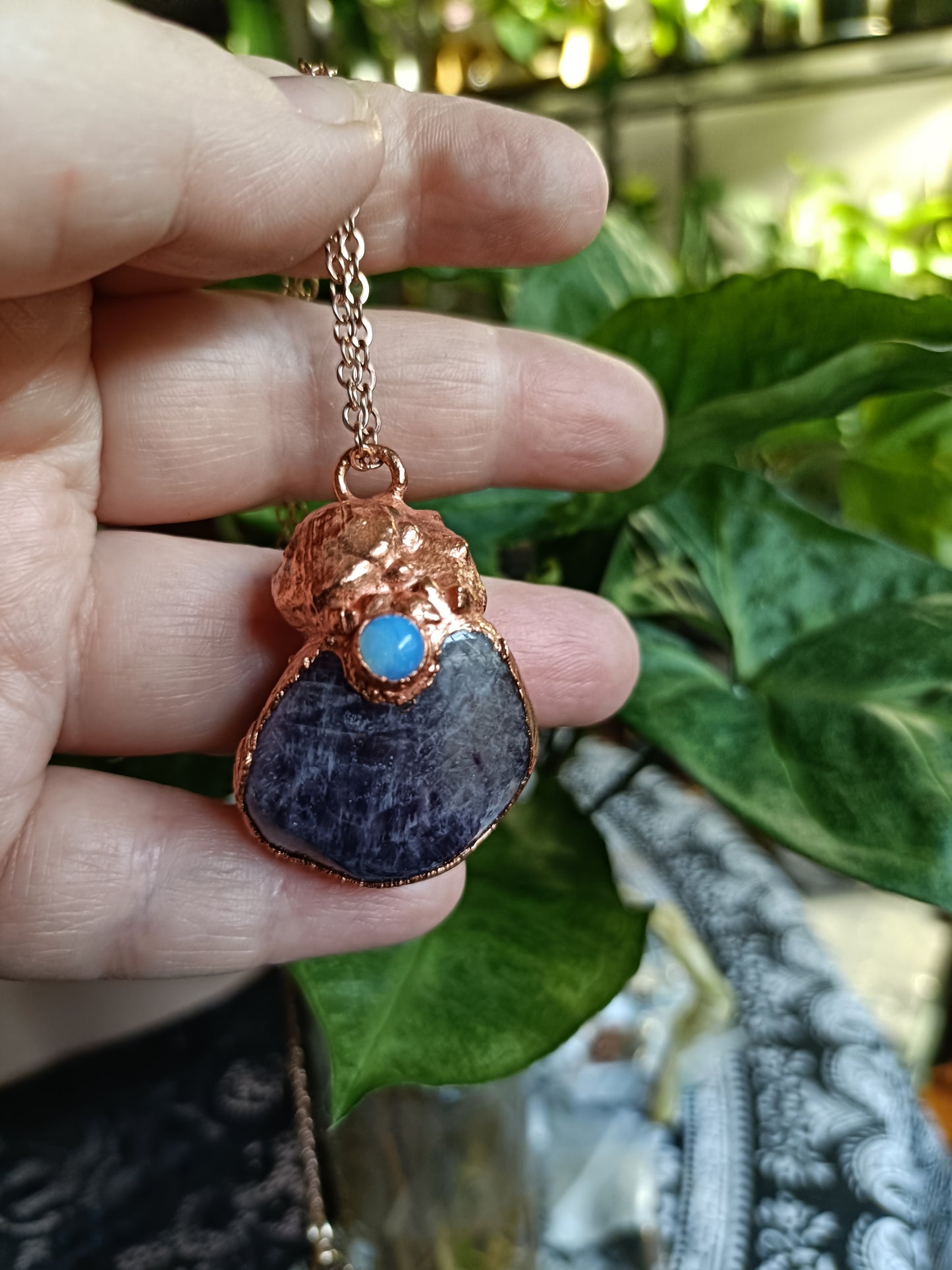 Handmade Amethyst Shell and Opalite Pendant Necklace