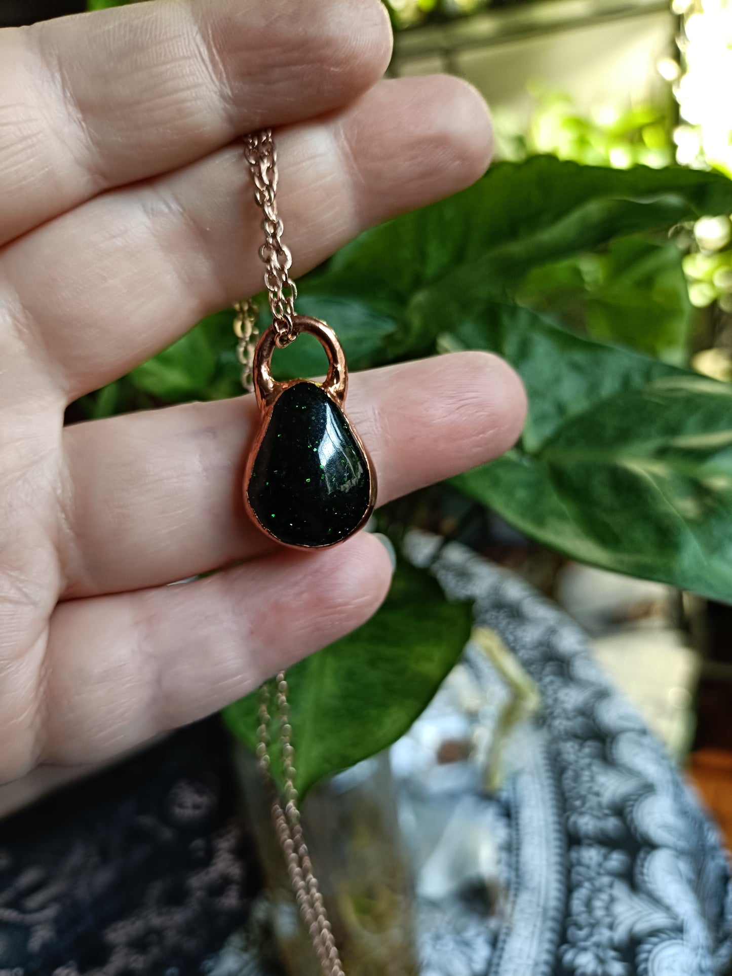 Handmade Green Goldstone Copper Electroformed Pendant Necklace