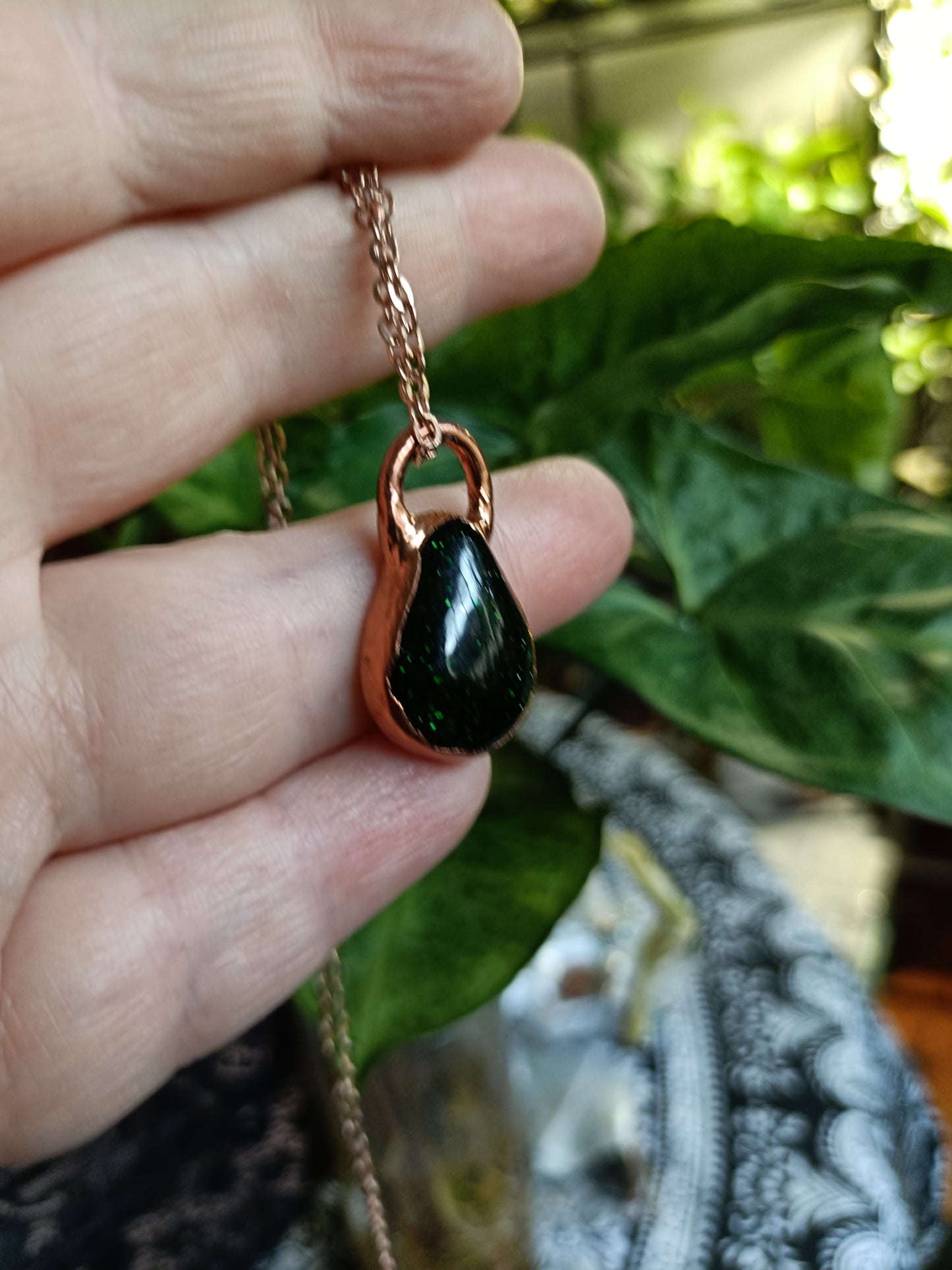 Handmade Green Goldstone Copper Electroformed Pendant Necklace