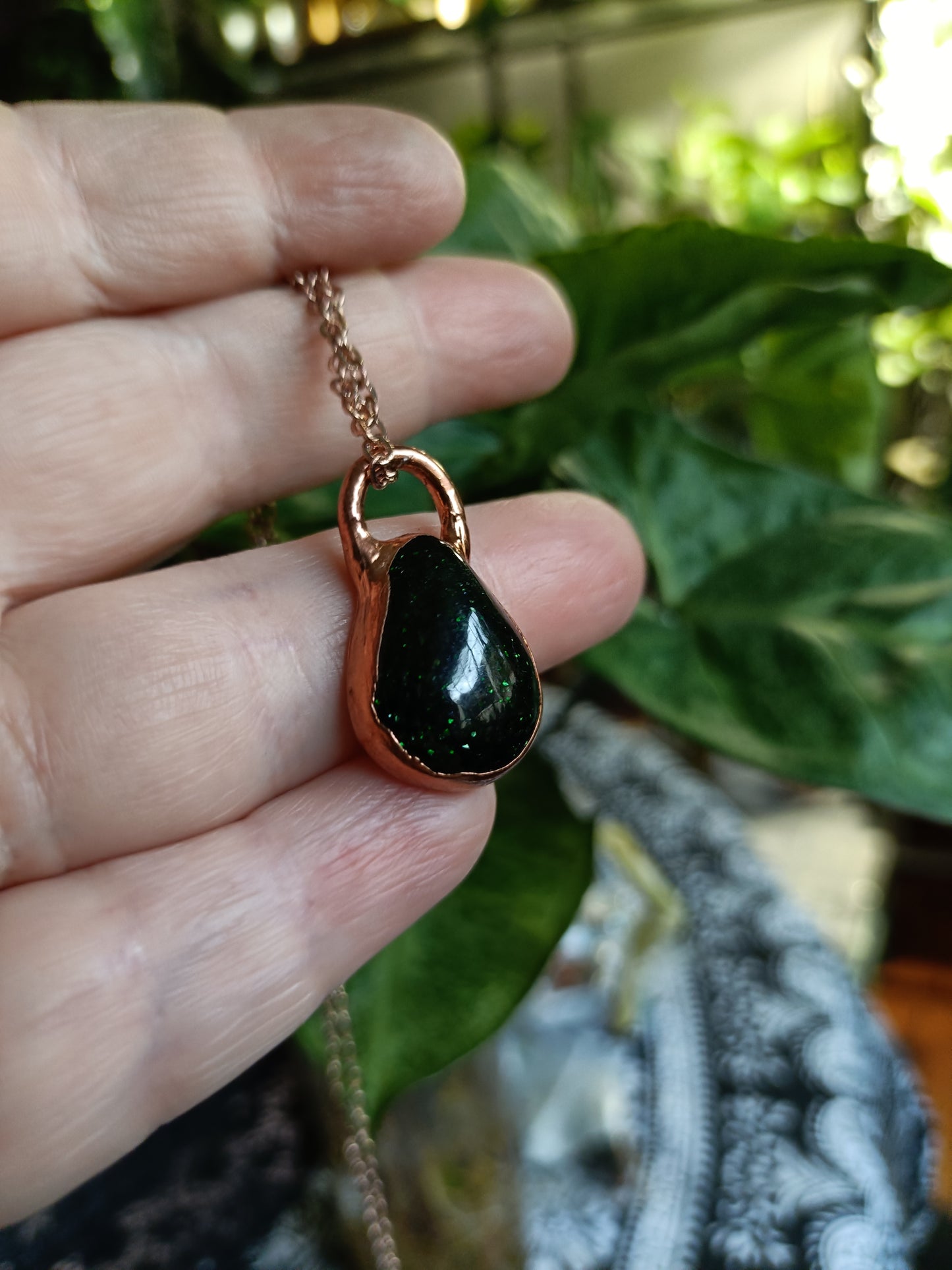 Handmade Green Goldstone Copper Electroformed Pendant Necklace