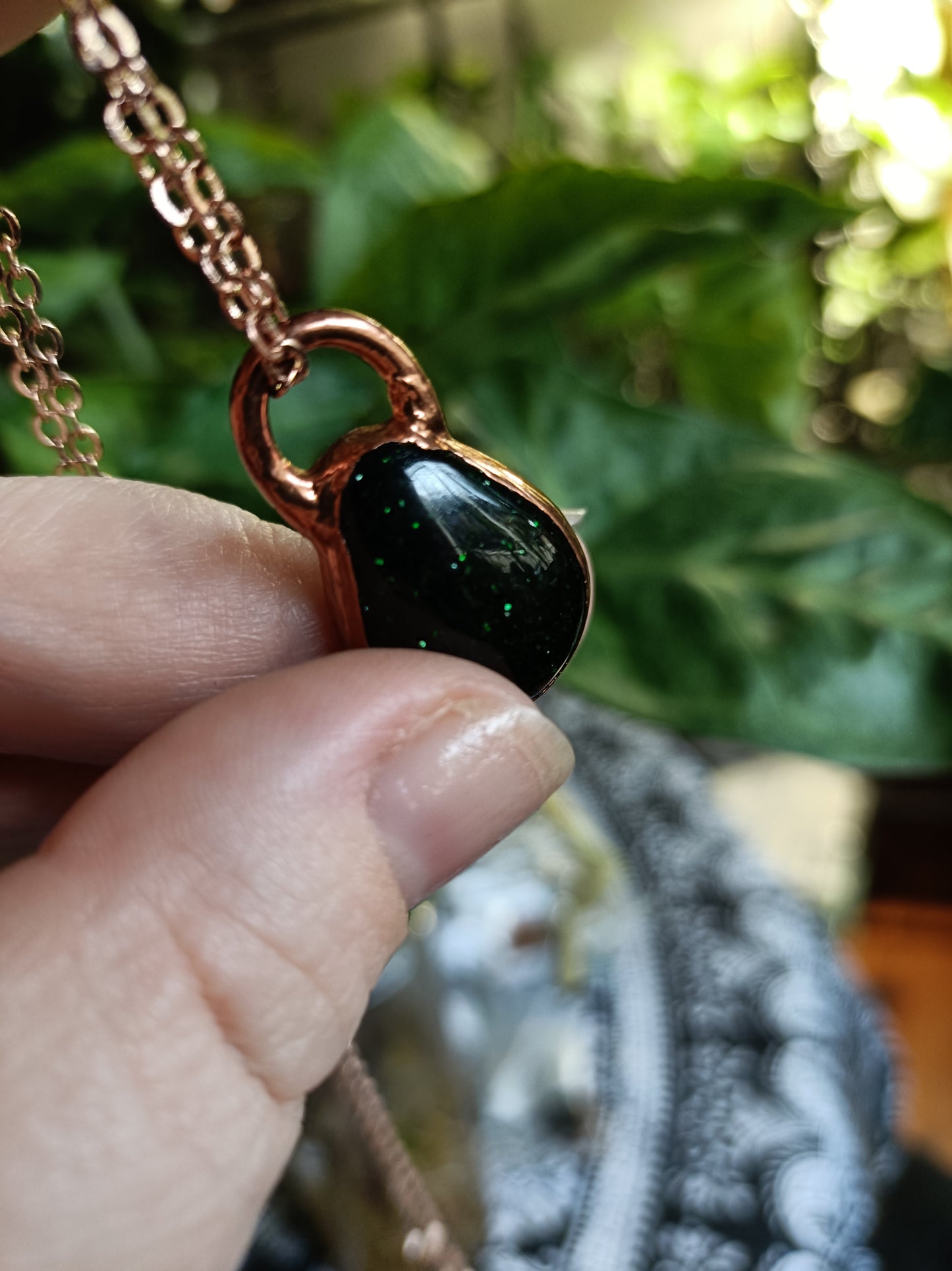 Handmade Green Goldstone Copper Electroformed Pendant Necklace