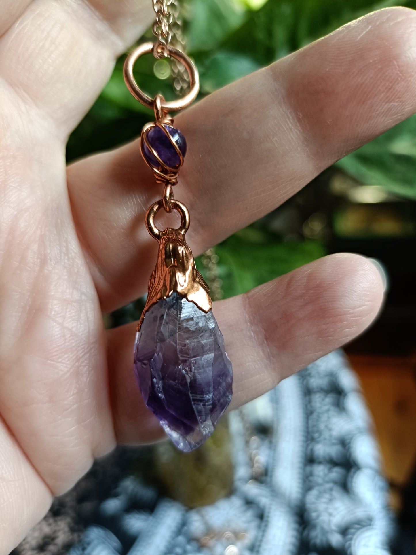 Beaded Rough Amethyst Point Copper Electroformed Pendant Necklace