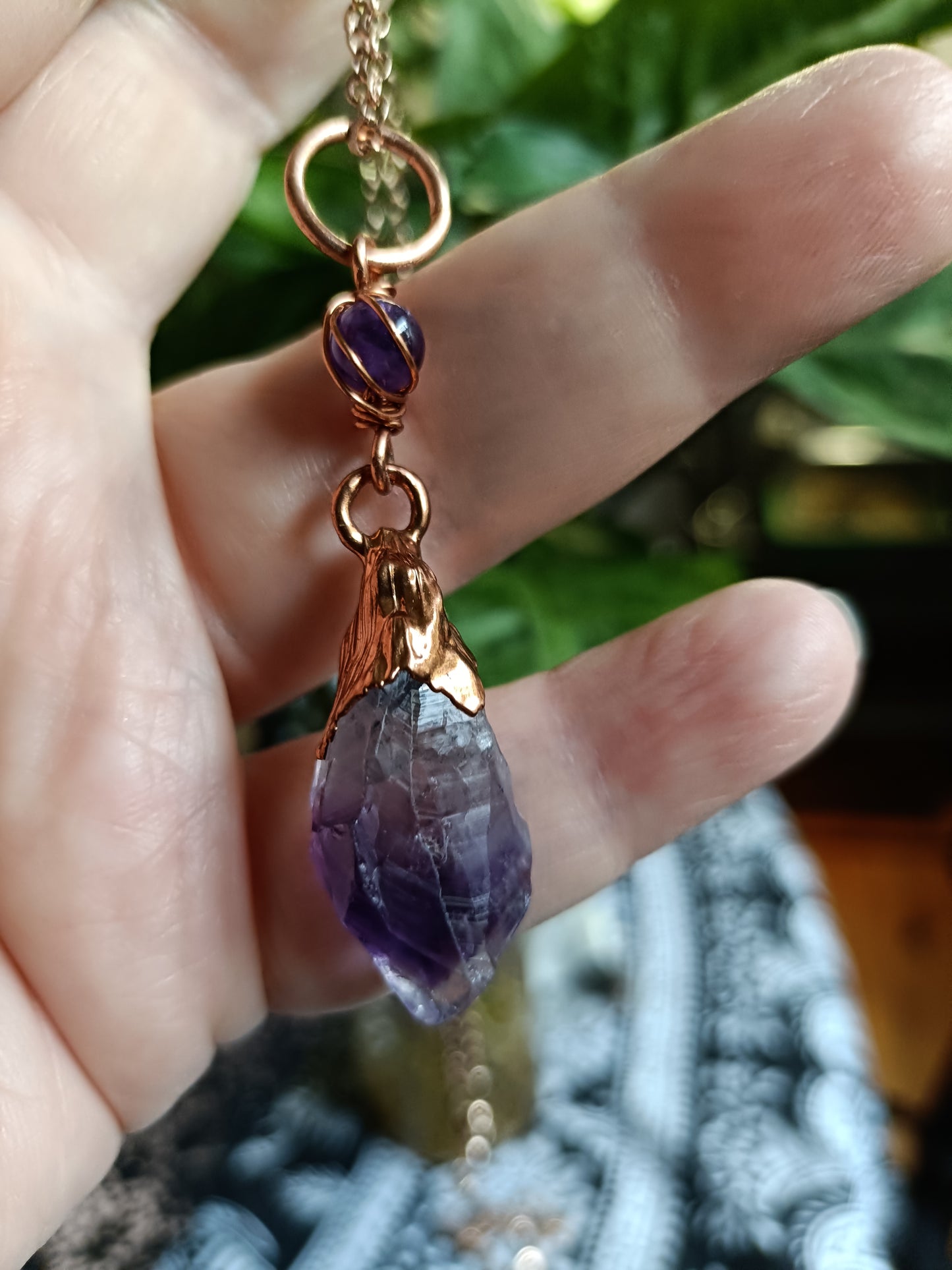 Beaded Rough Amethyst Point Copper Electroformed Pendant Necklace