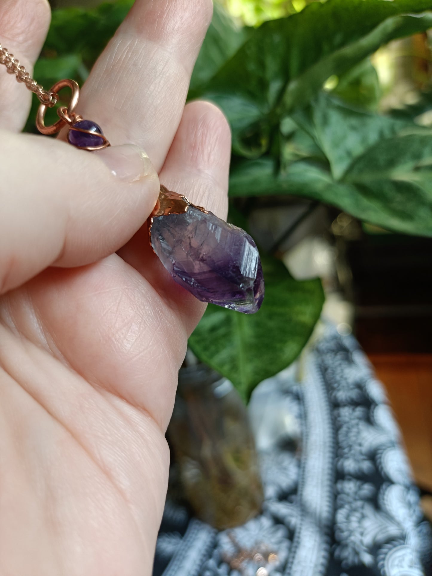 Beaded Rough Amethyst Point Copper Electroformed Pendant Necklace