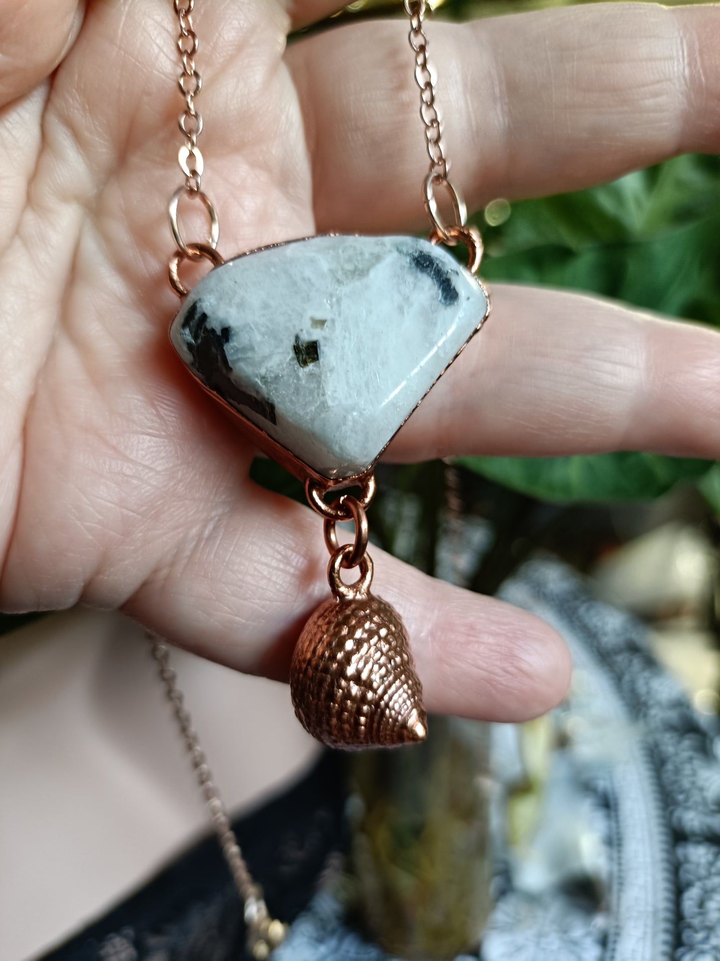 Handmade Rainbow Moonstone and Shell Pendant Necklace