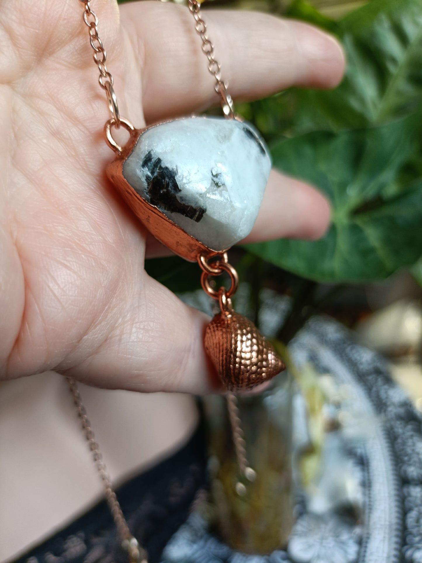 Handmade Rainbow Moonstone and Shell Pendant Necklace