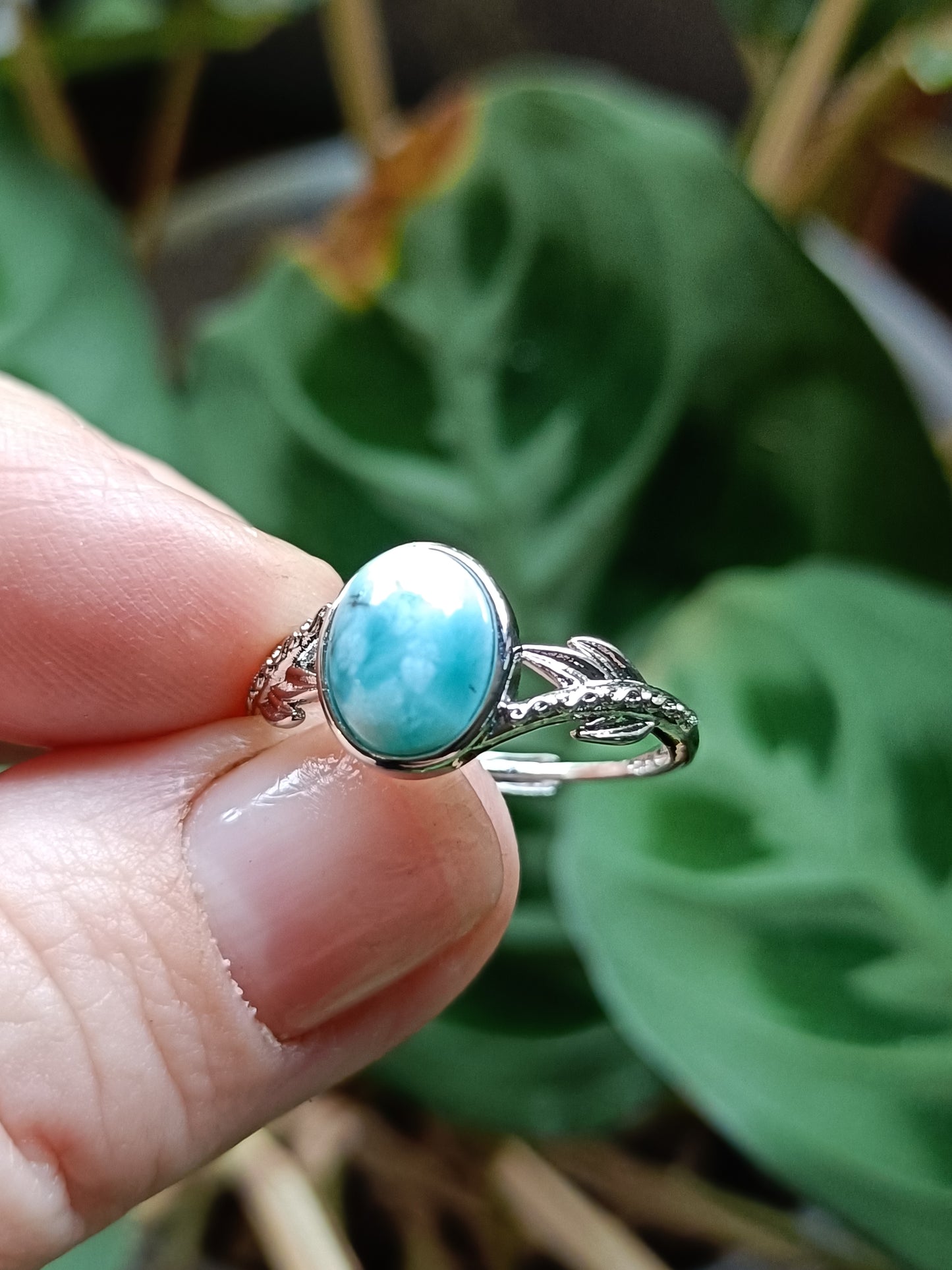 Larimar Leaf Ring - Silver-Plated Copper