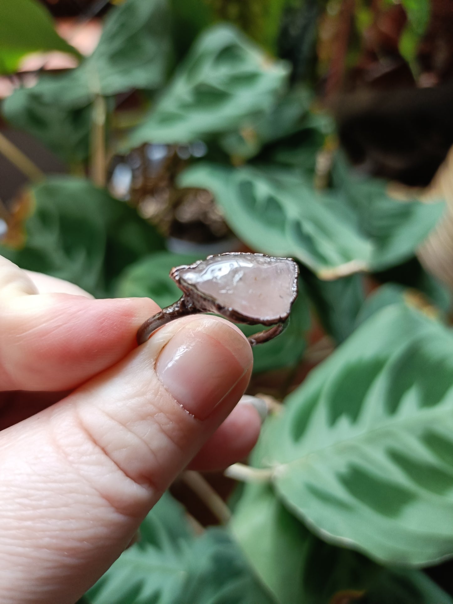 Rose Quartz Copper Electroformed Ring - Size US 9.5/ - UK S1/2 - D 23mm