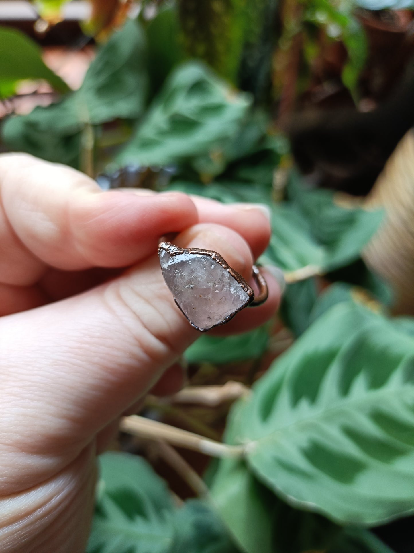 Rose Quartz Copper Electroformed Ring - Size US 9.5/ - UK S1/2 - D 23mm