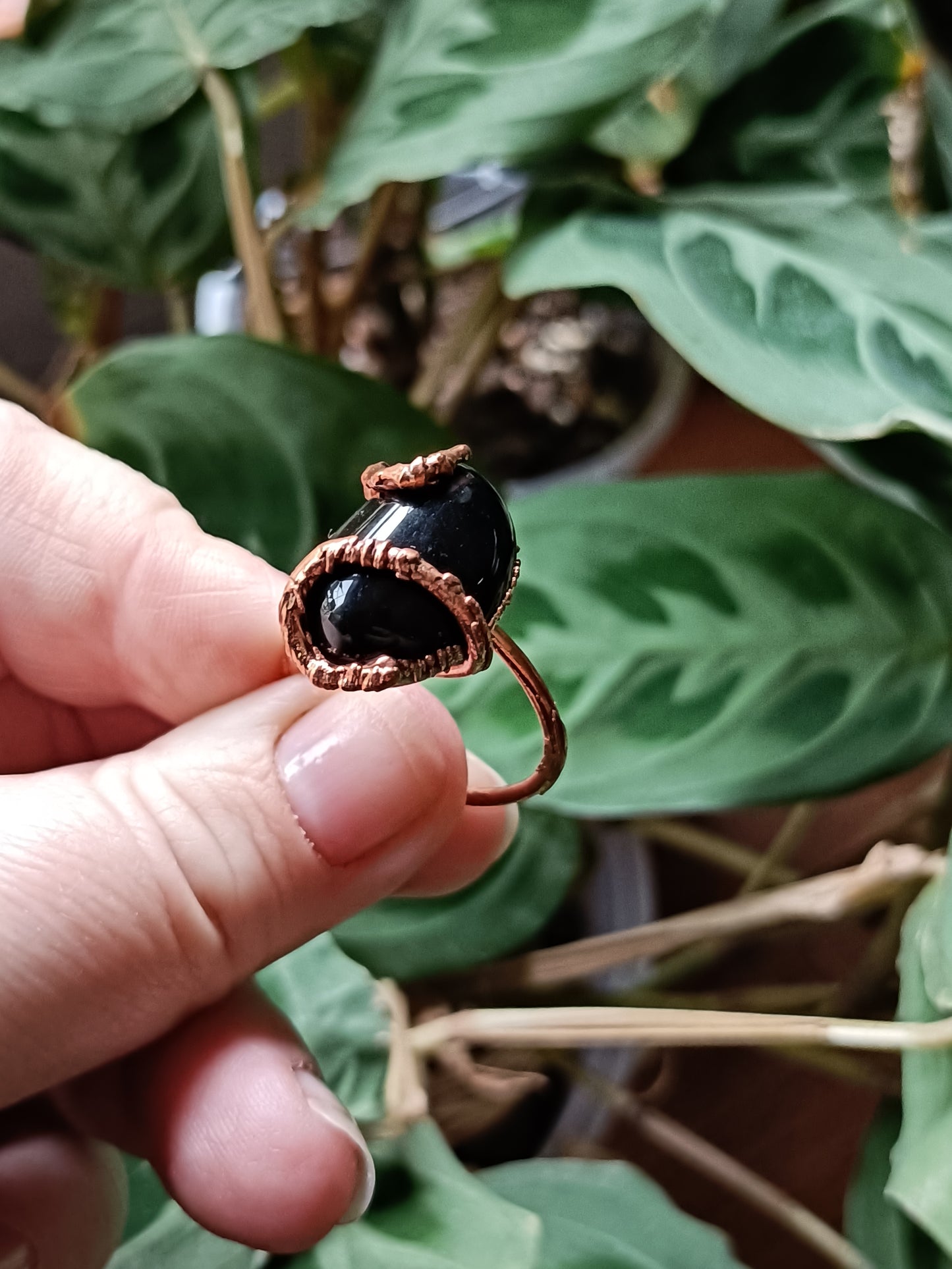 Rustic Black Obsidian Copper Electroformed Ring - Size US 10.5 - UK U1/2 - D 20.8mm