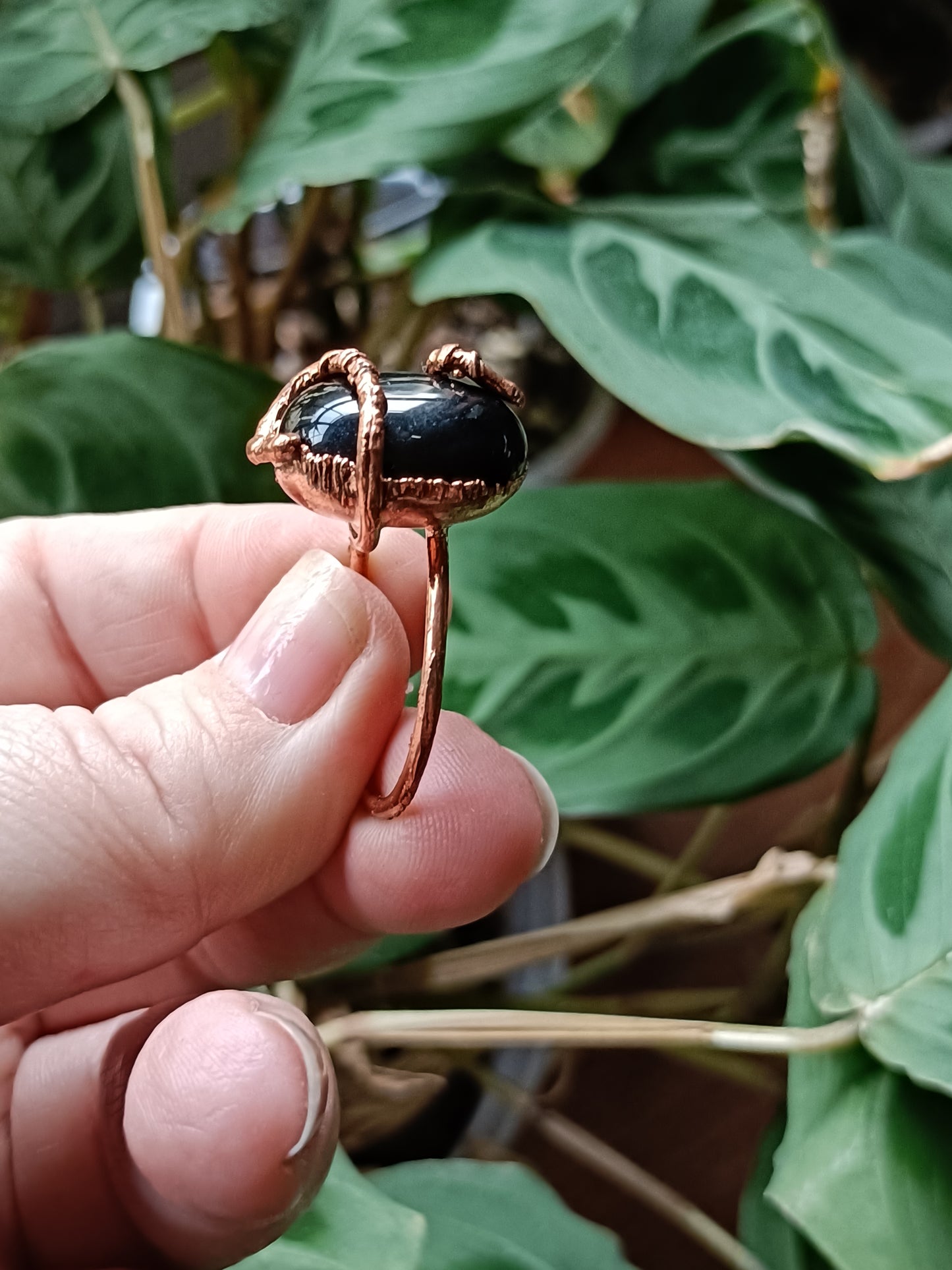 Rustic Black Obsidian Copper Electroformed Ring - Size US 10.5 - UK U1/2 - D 20.8mm