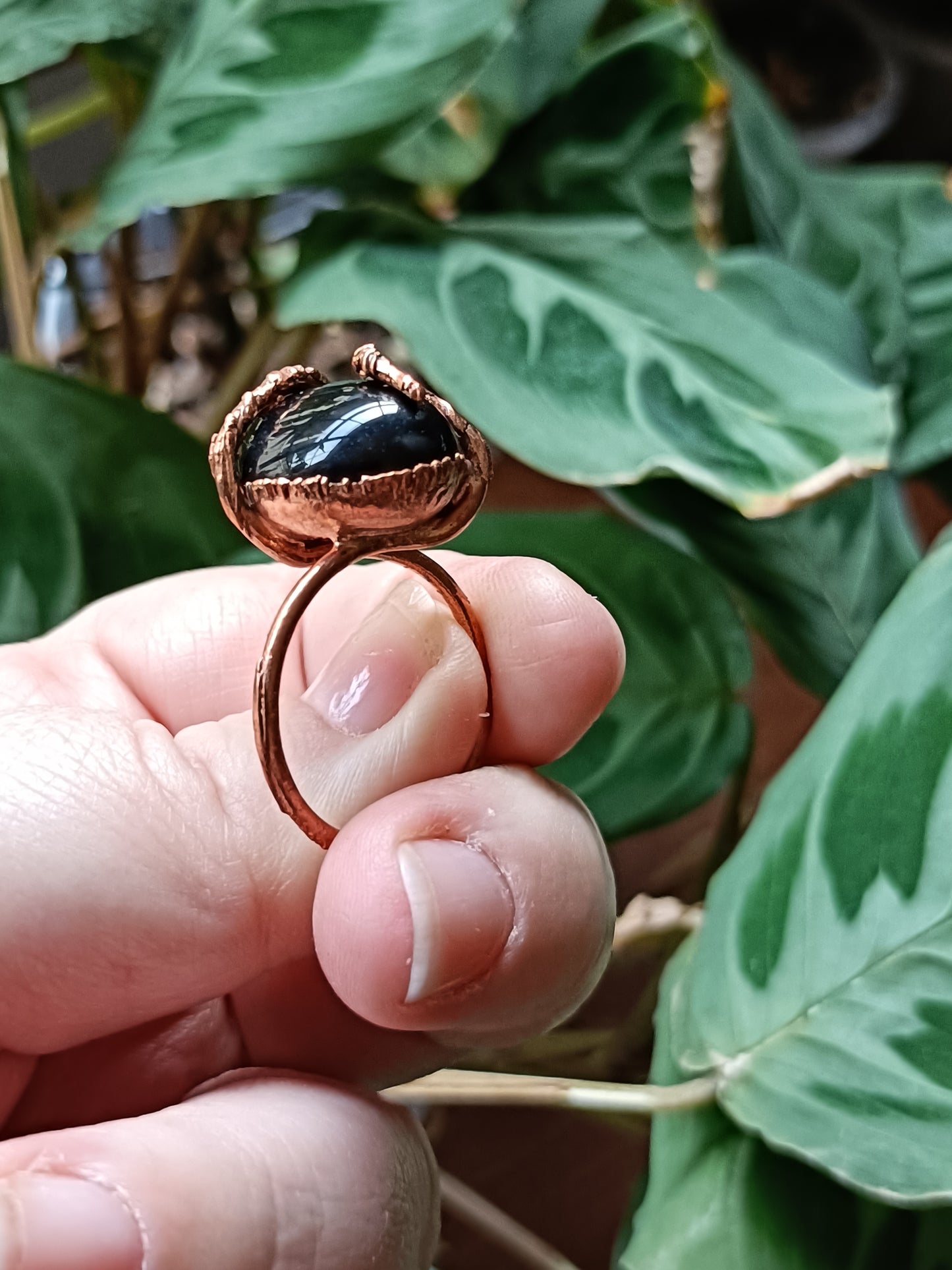Rustic Black Obsidian Copper Electroformed Ring - Size US 10.5 - UK U1/2 - D 20.8mm