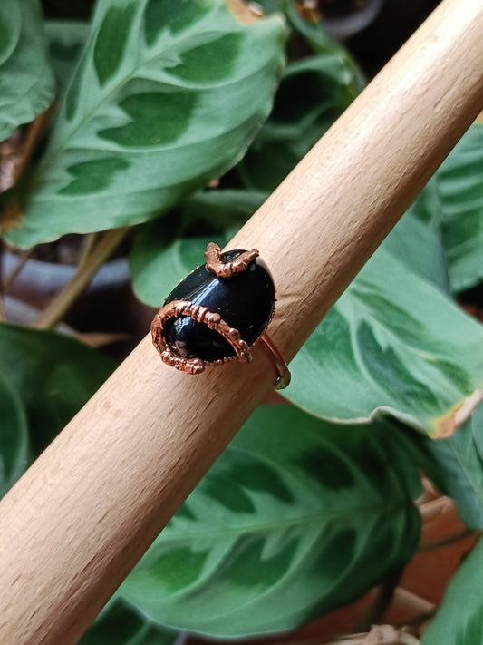 Rustic Black Obsidian Copper Electroformed Ring - Size US 10.5 - UK U1/2 - D 20.8mm
