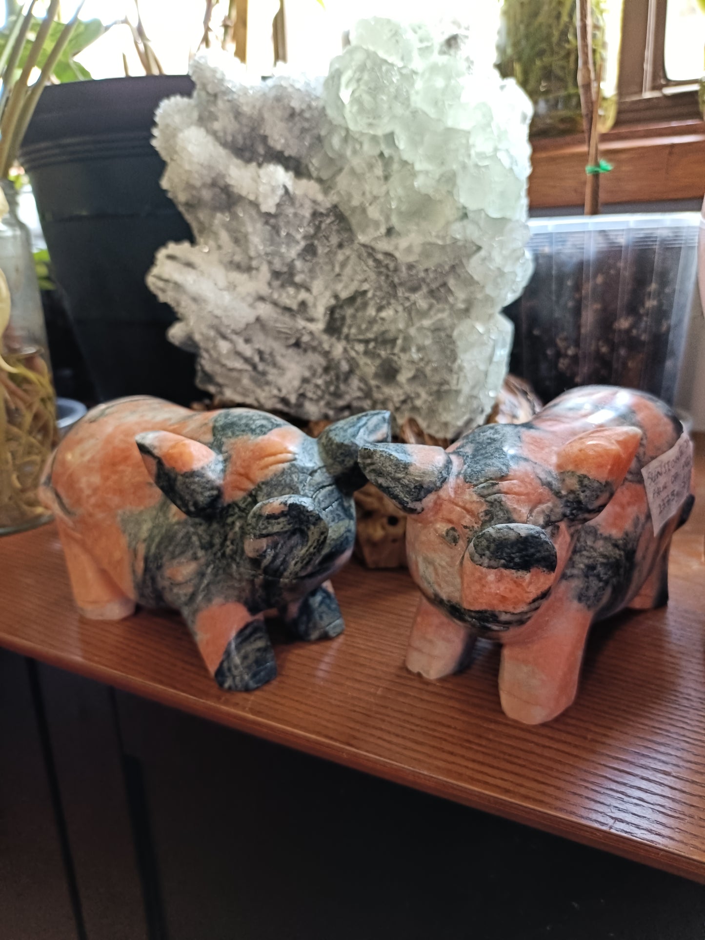 Orange Calcite & Zoisite Pair of Pigs 'Sunstone Jade' - 2375g