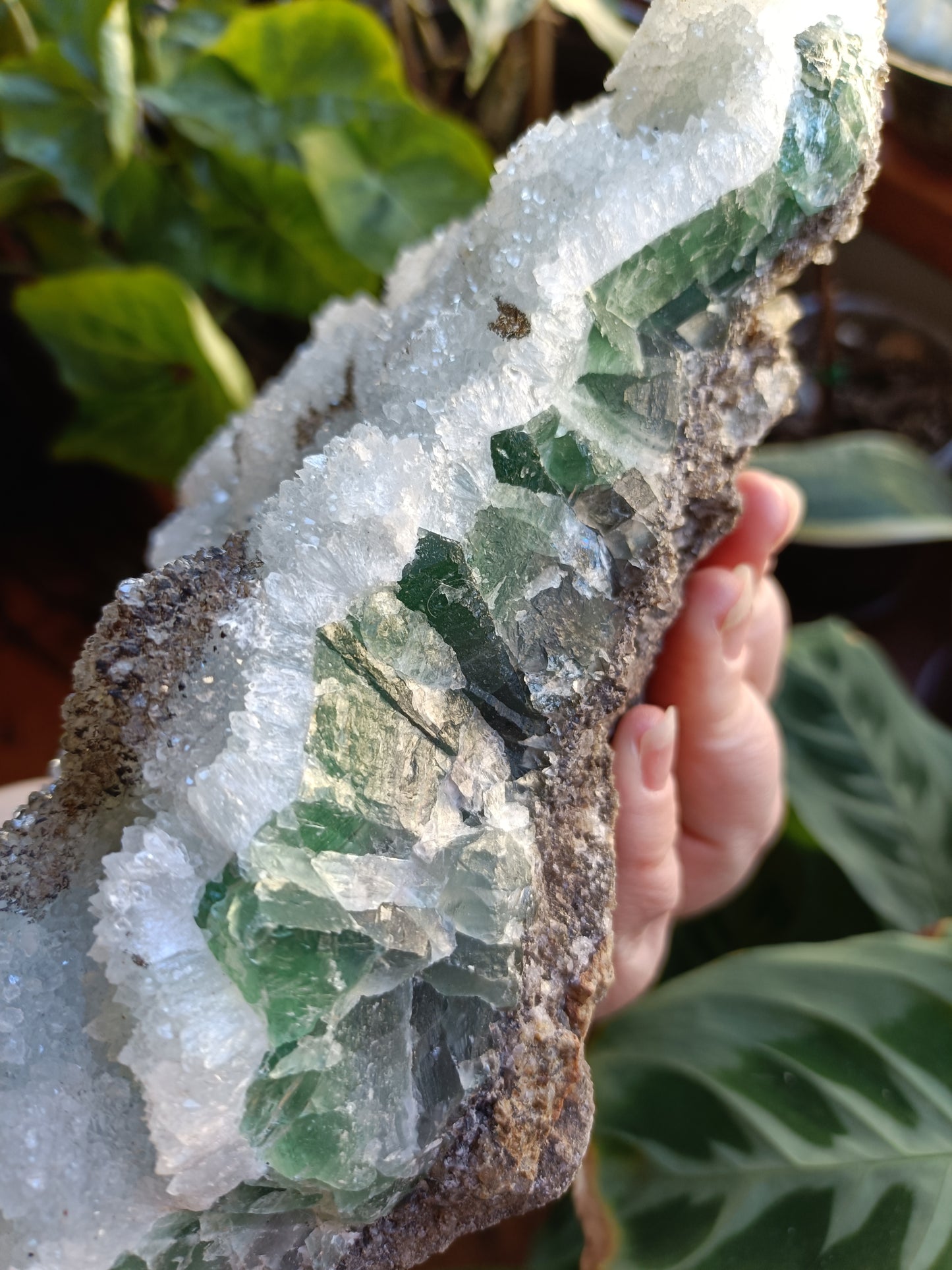 Green Sugar Fluorite and Quartz Specimen - 2558g (3.01kg including stand)