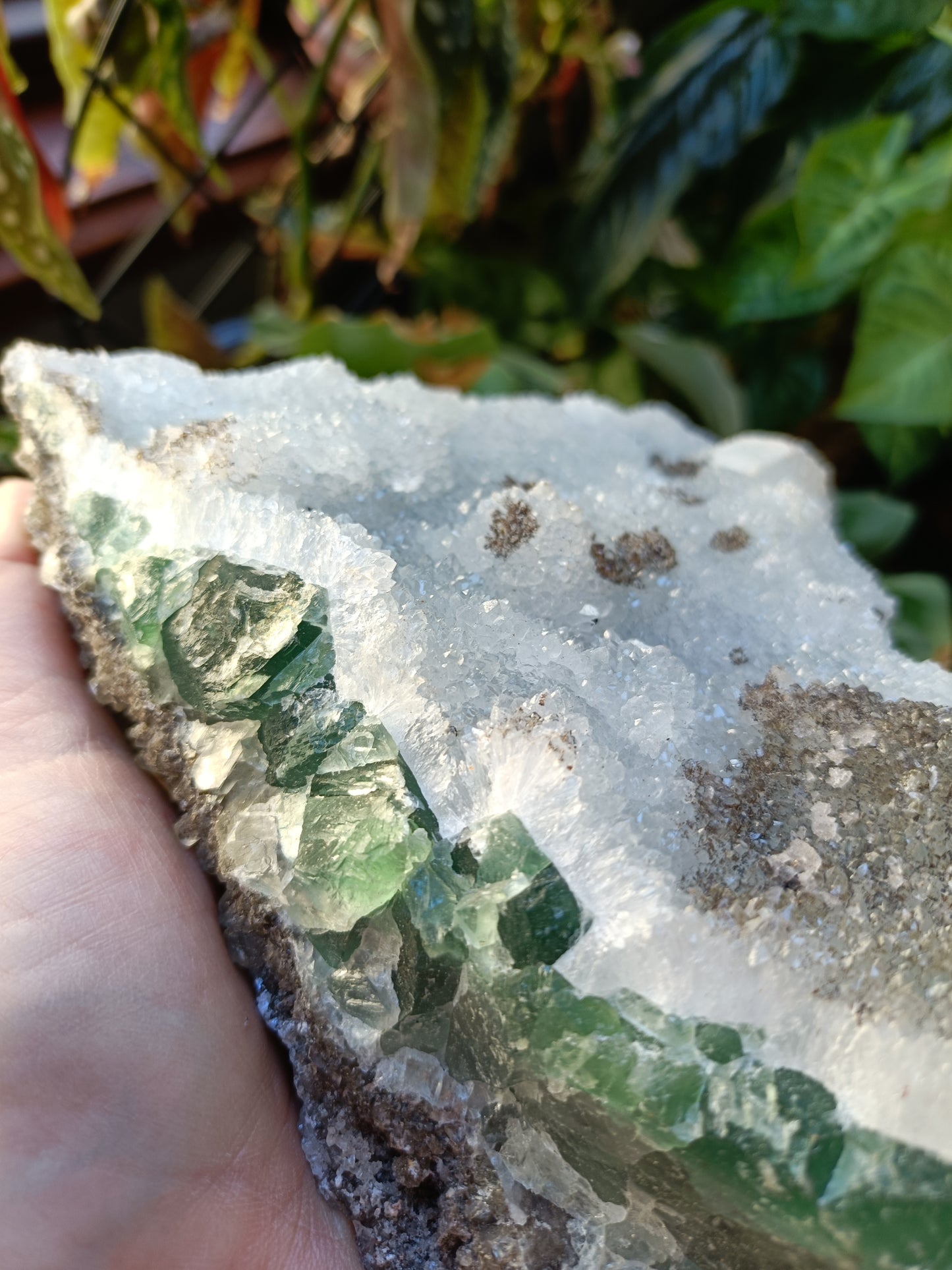 Green Sugar Fluorite and Quartz Specimen - 2558g (3.01kg including stand)