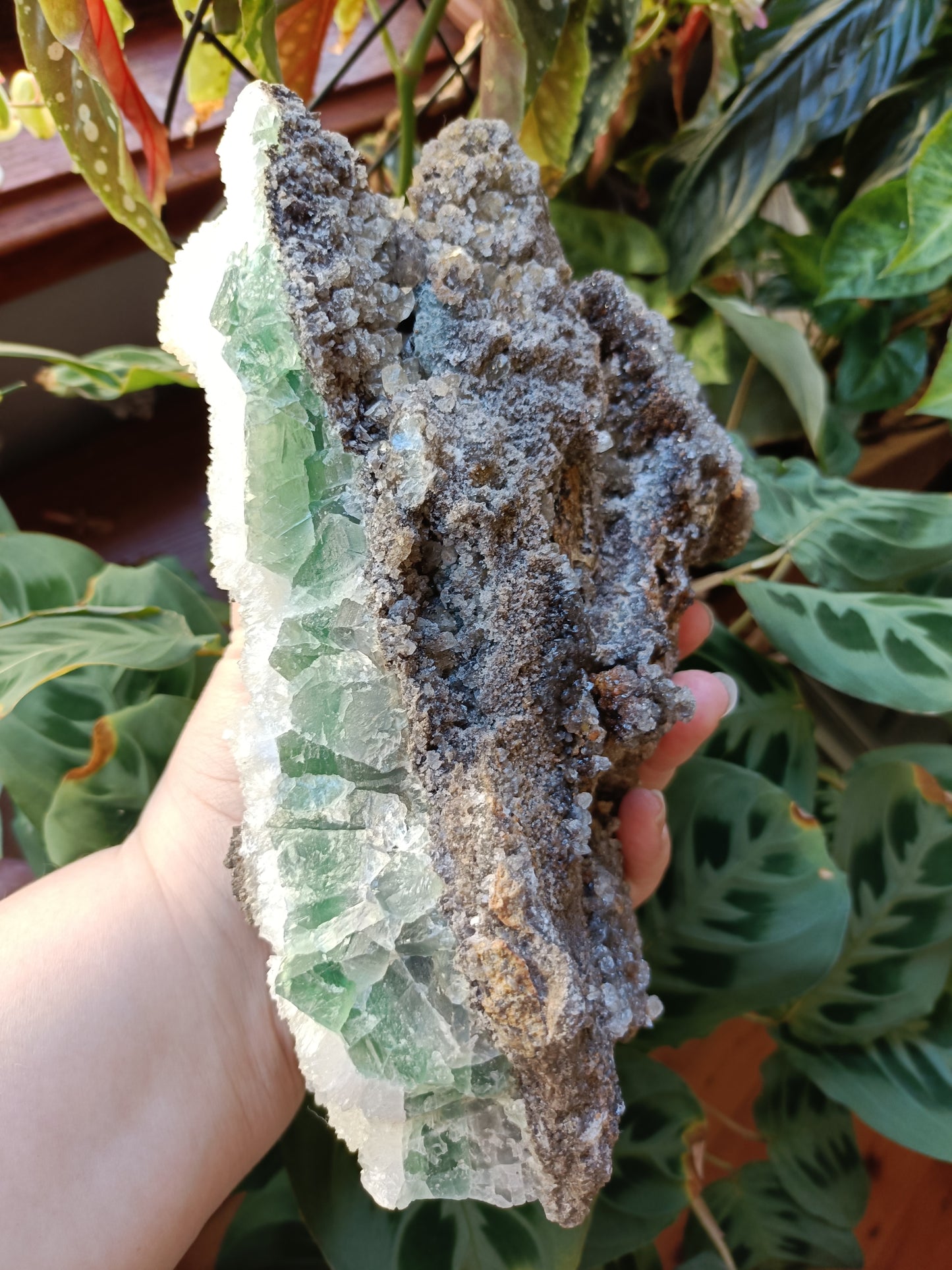 Green Sugar Fluorite and Quartz Specimen - 2558g (3.01kg including stand)