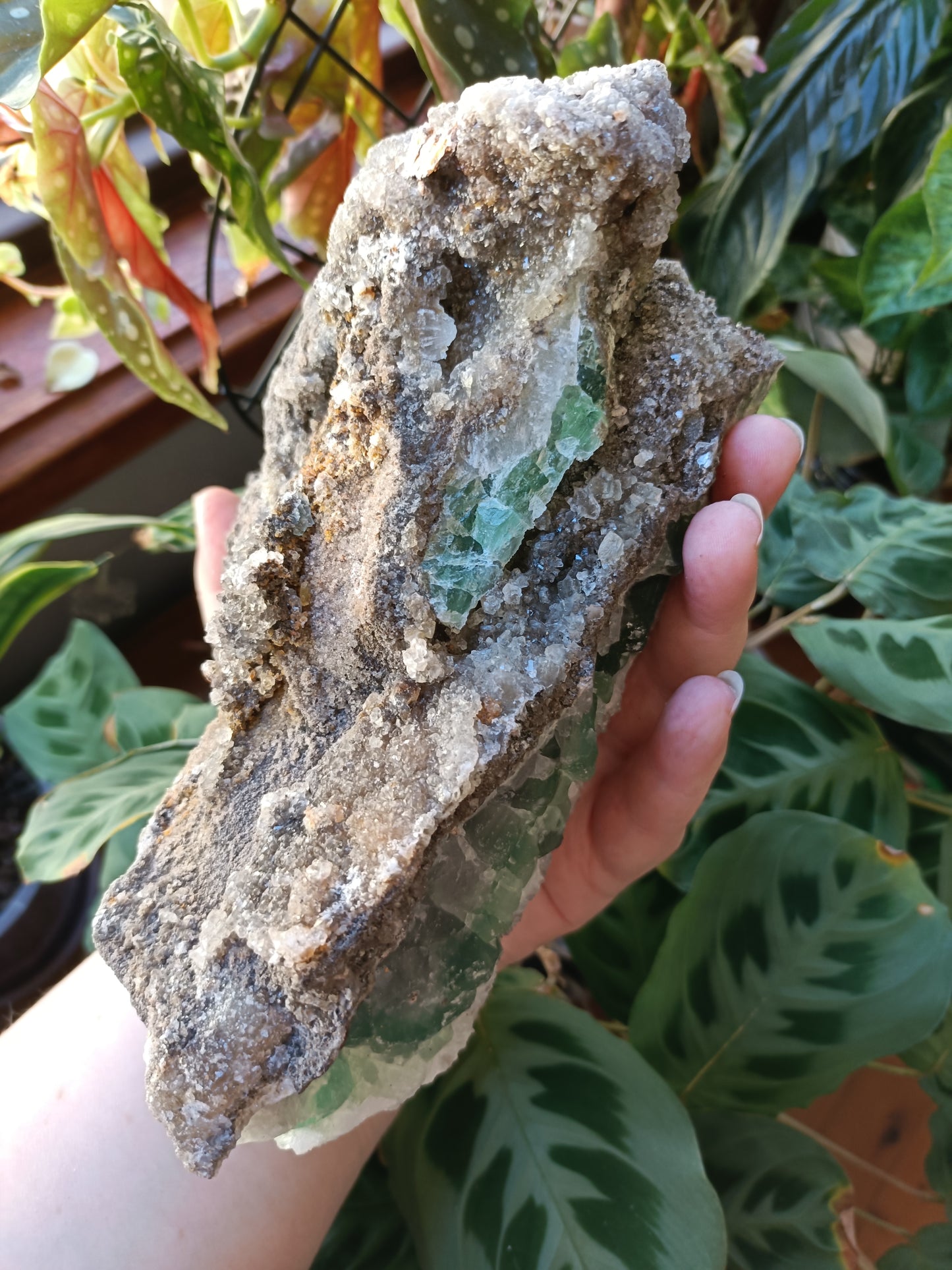 Green Sugar Fluorite and Quartz Specimen - 2558g (3.01kg including stand)