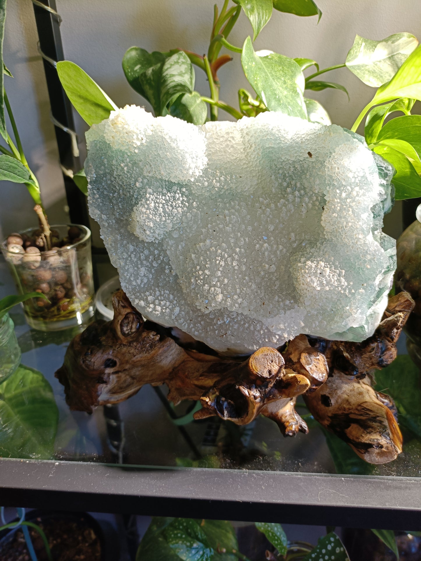 Green Sugar Fluorite and Quartz Specimen - 2369g (2.72kg including stand)