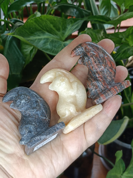 Mixed Stone Kitten Hugging a Moon Carving - 70-80g
