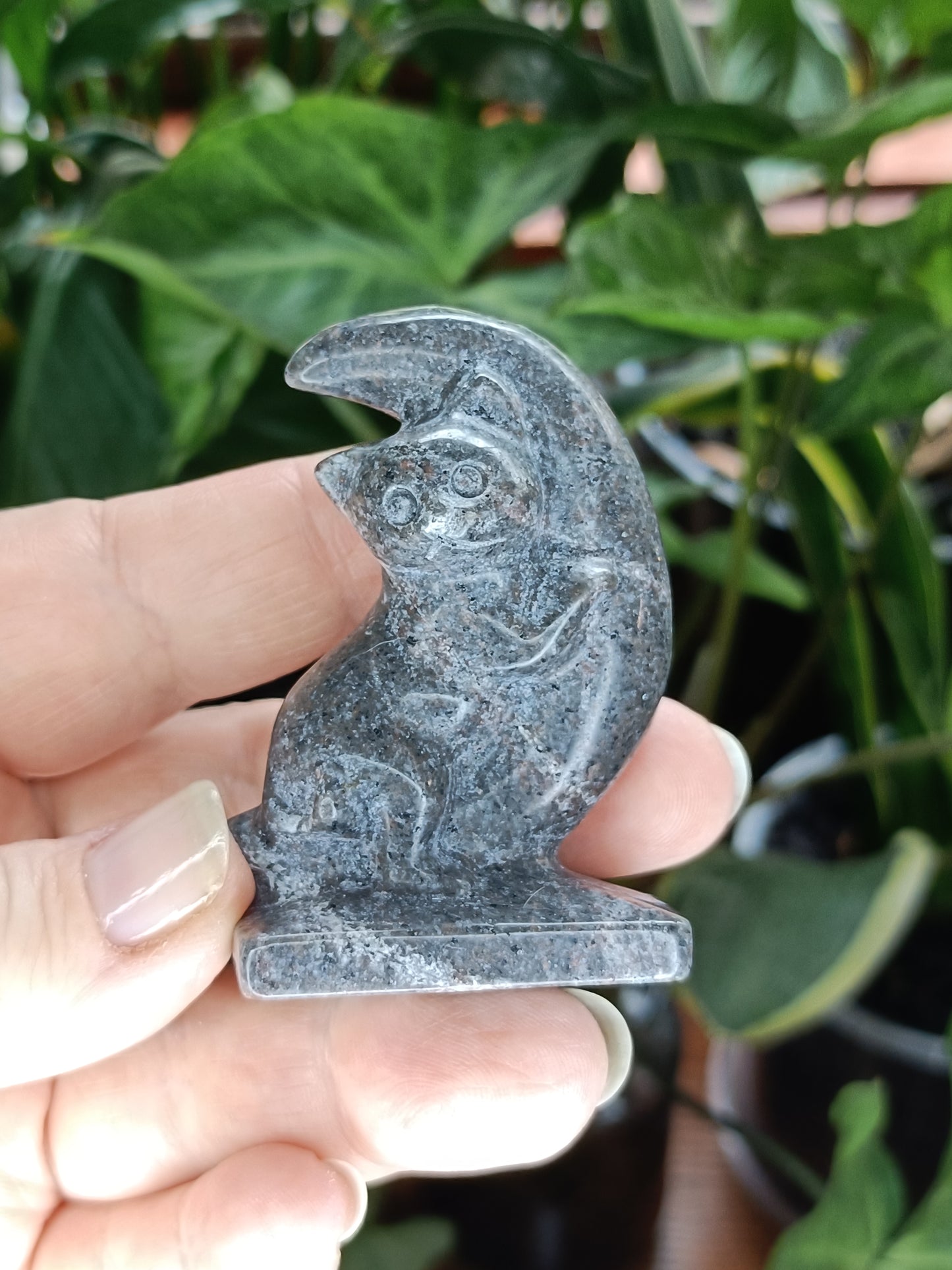 Mixed Stone Kitten Hugging a Moon Carving - 70-80g
