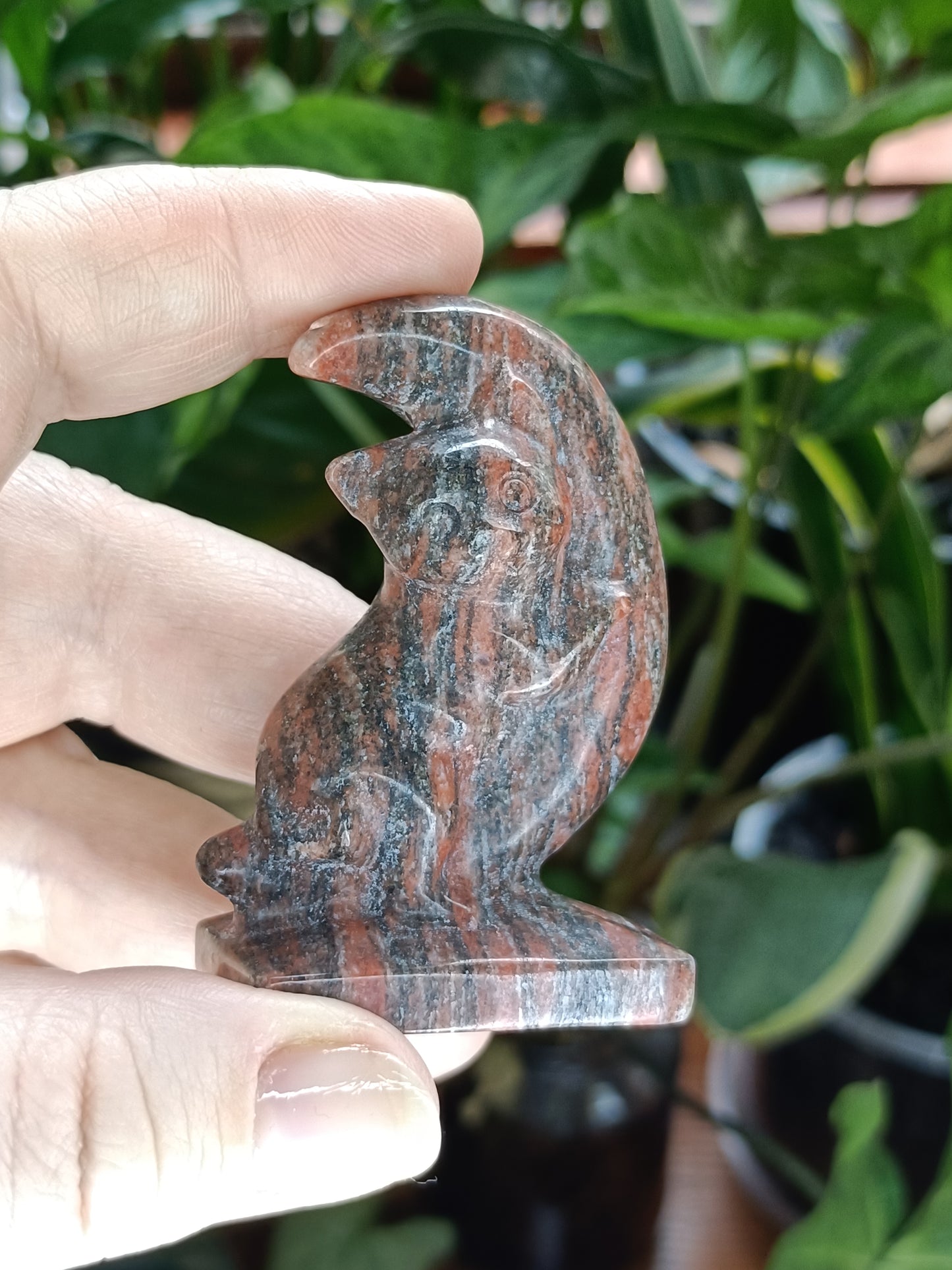 Mixed Stone Kitten Hugging a Moon Carving - 70-80g