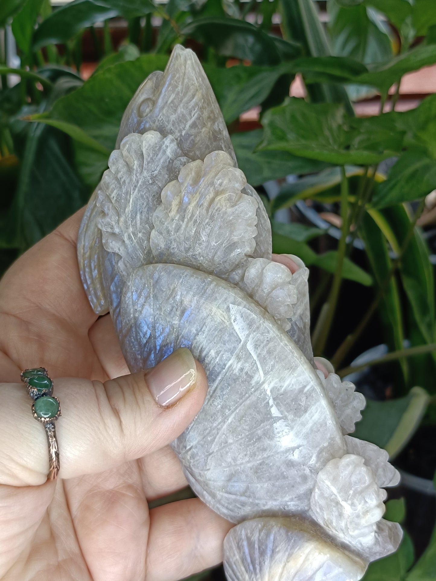 Blue Flash Moonstone Dolphin Mother & Baby Carving - 372g