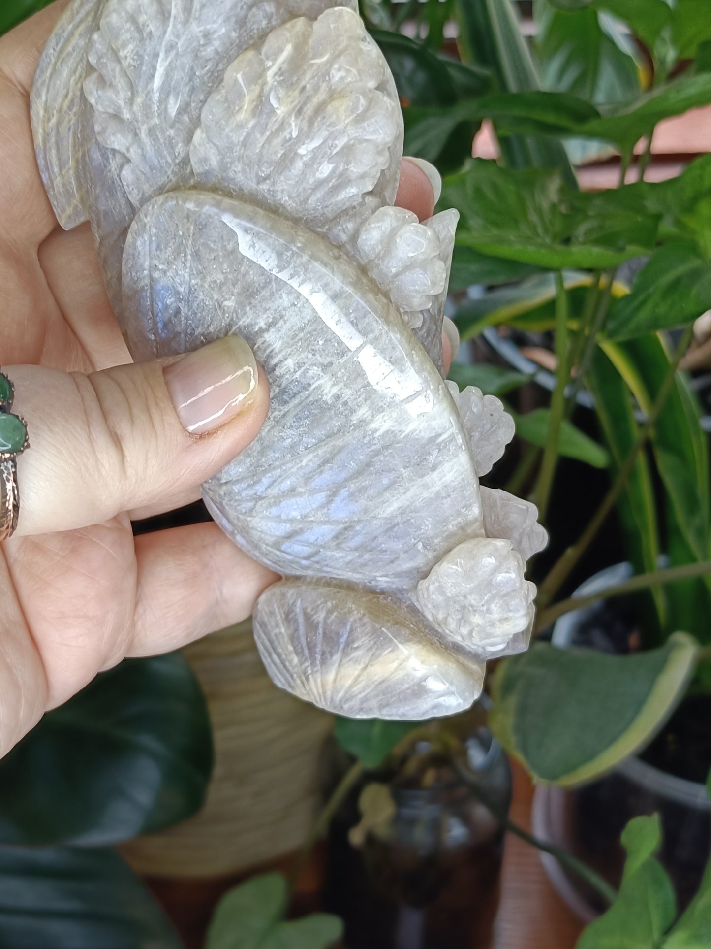Blue Flash Moonstone Dolphin Mother & Baby Carving - 372g
