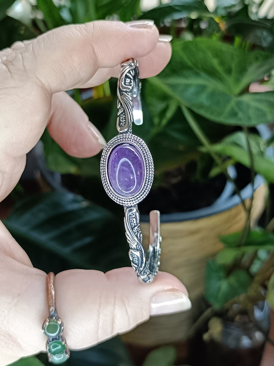 Amethyst Filigree Bangle - Silver-Plated Copper