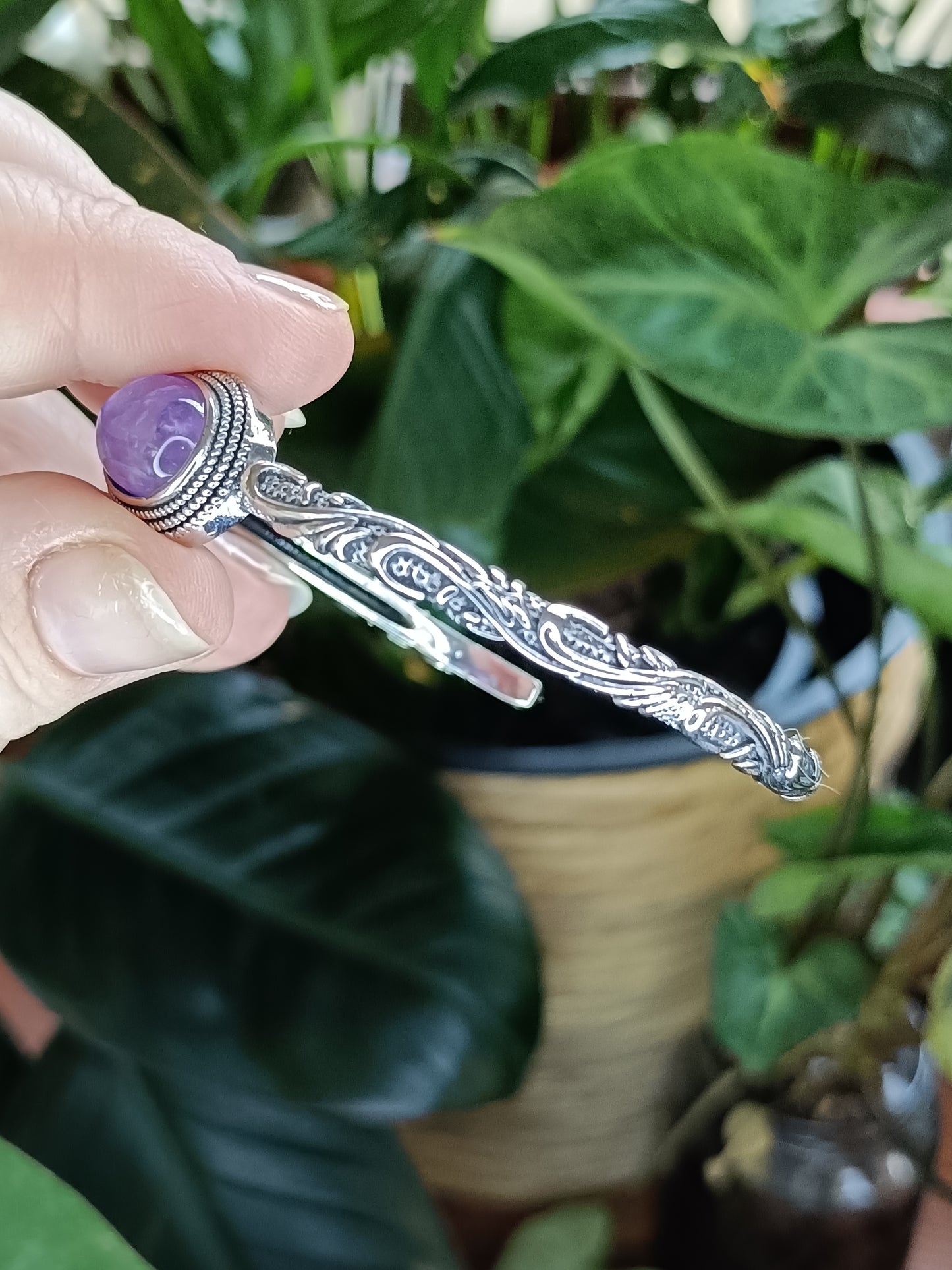 Amethyst Filigree Bangle - Silver-Plated Copper