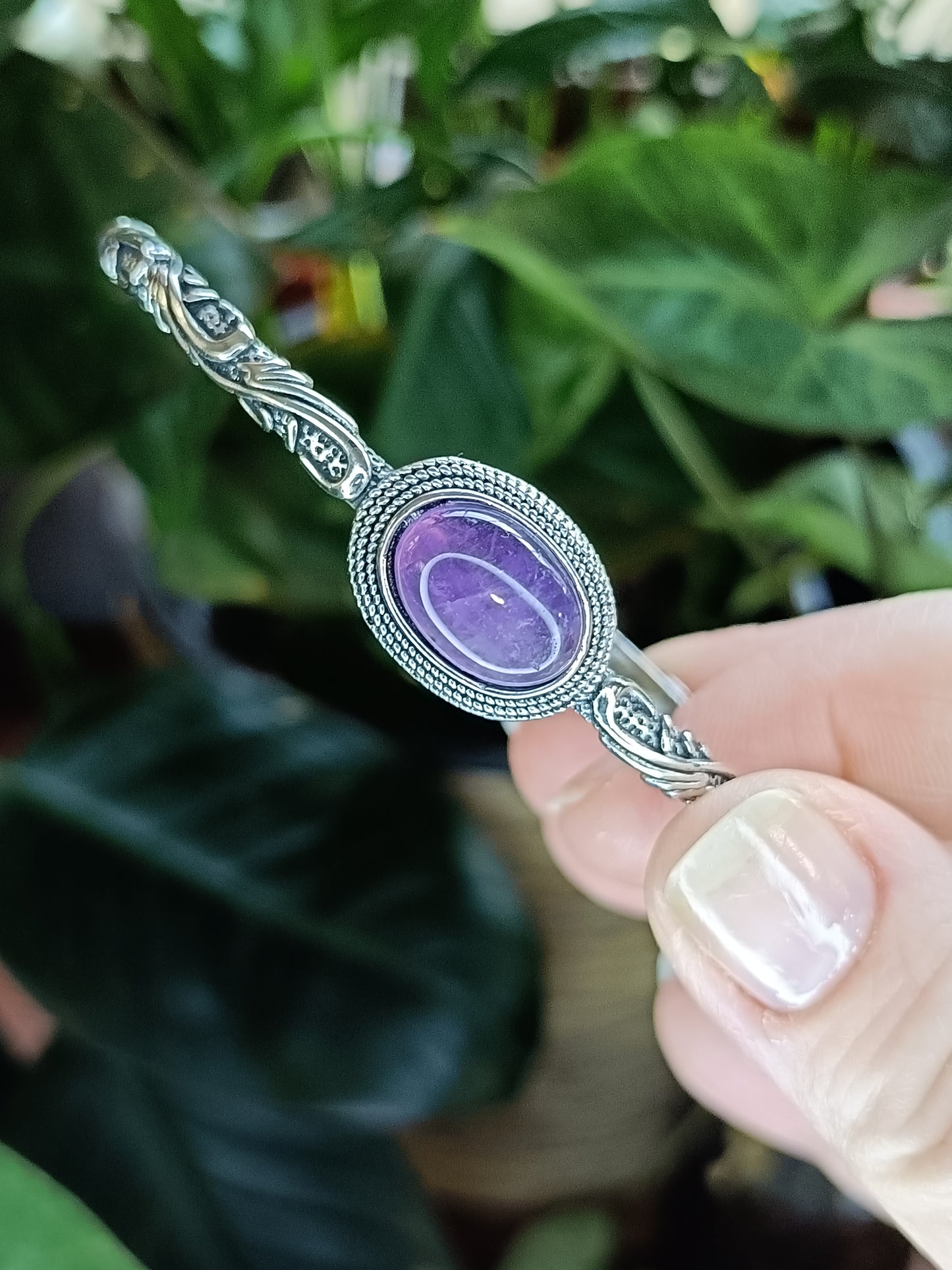 Amethyst Filigree Bangle - Silver-Plated Copper