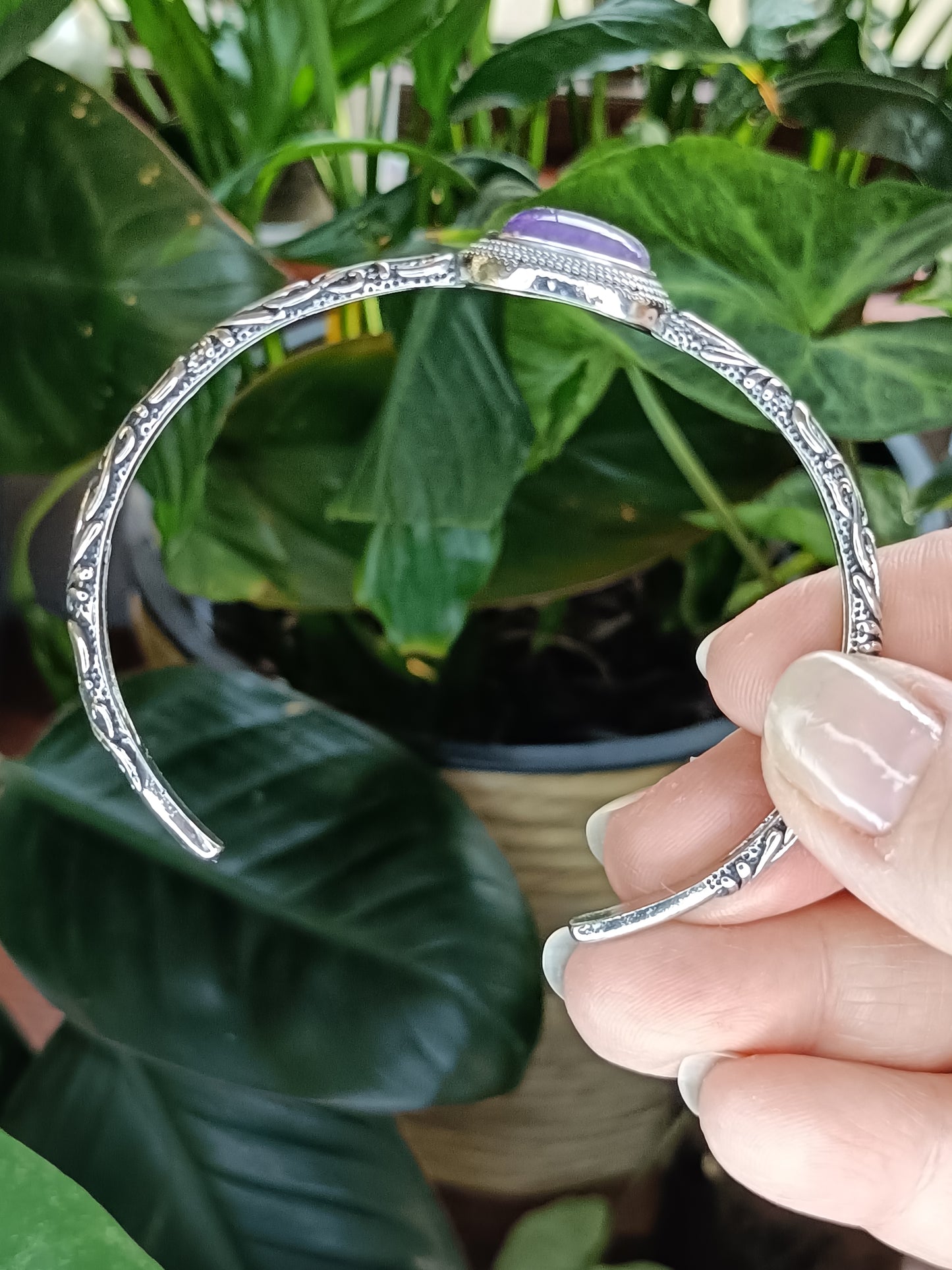 Amethyst Filigree Bangle - Silver-Plated Copper