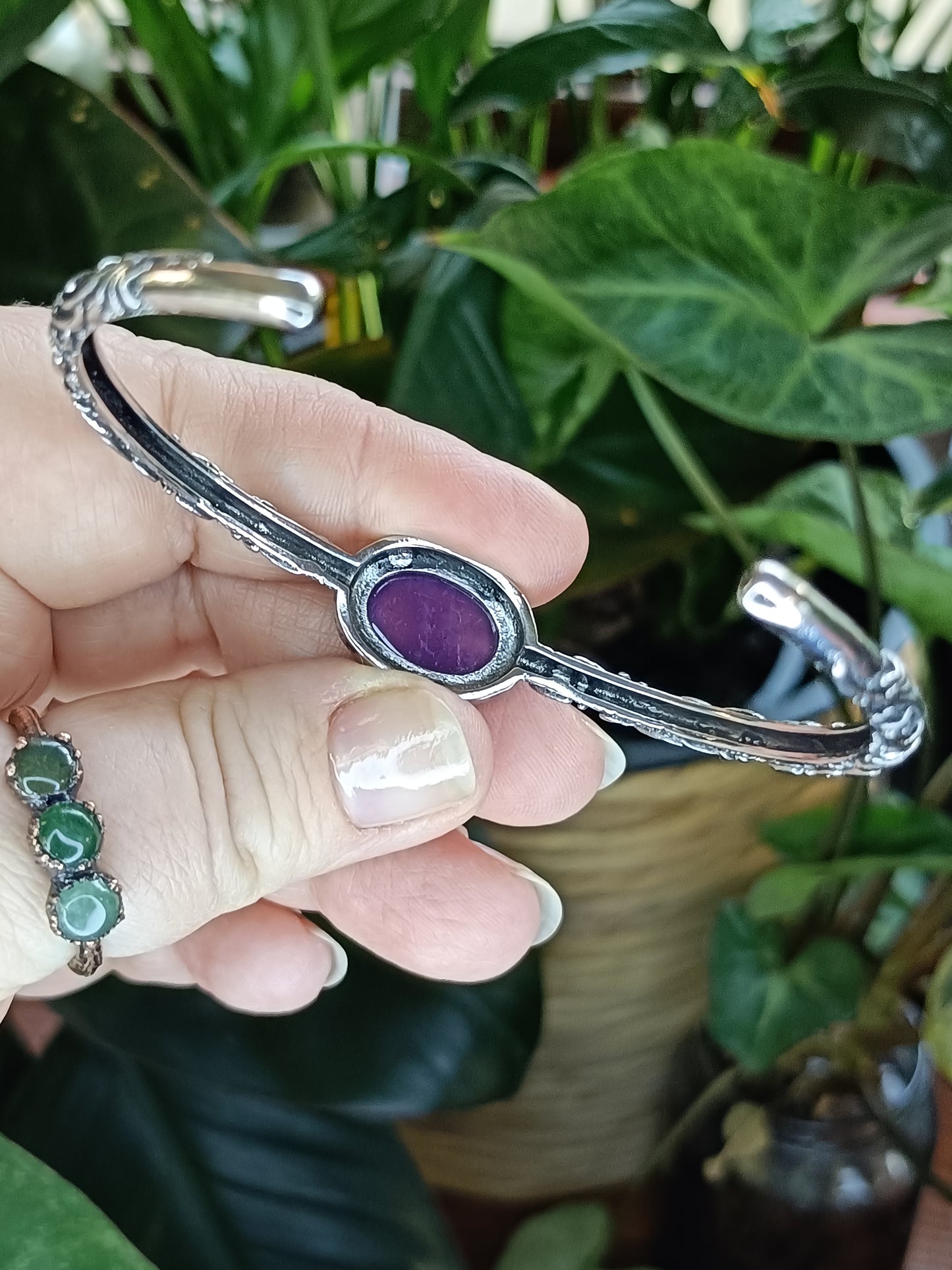 Amethyst Filigree Bangle - Silver-Plated Copper