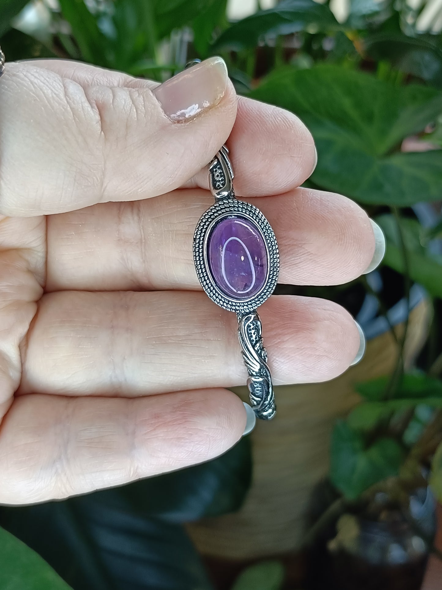 Amethyst Filigree Bangle - Silver-Plated Copper
