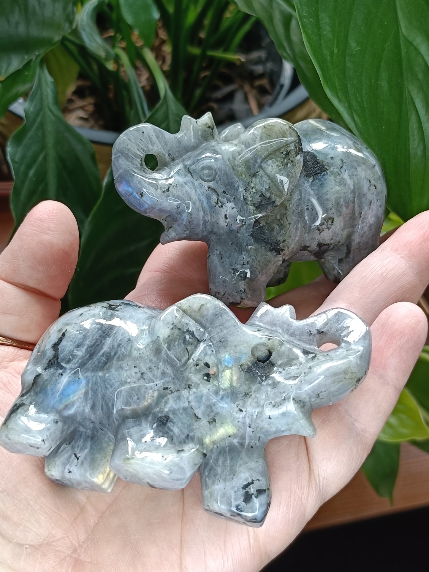 Pair of Labradorite Elephant Carvings - 413g