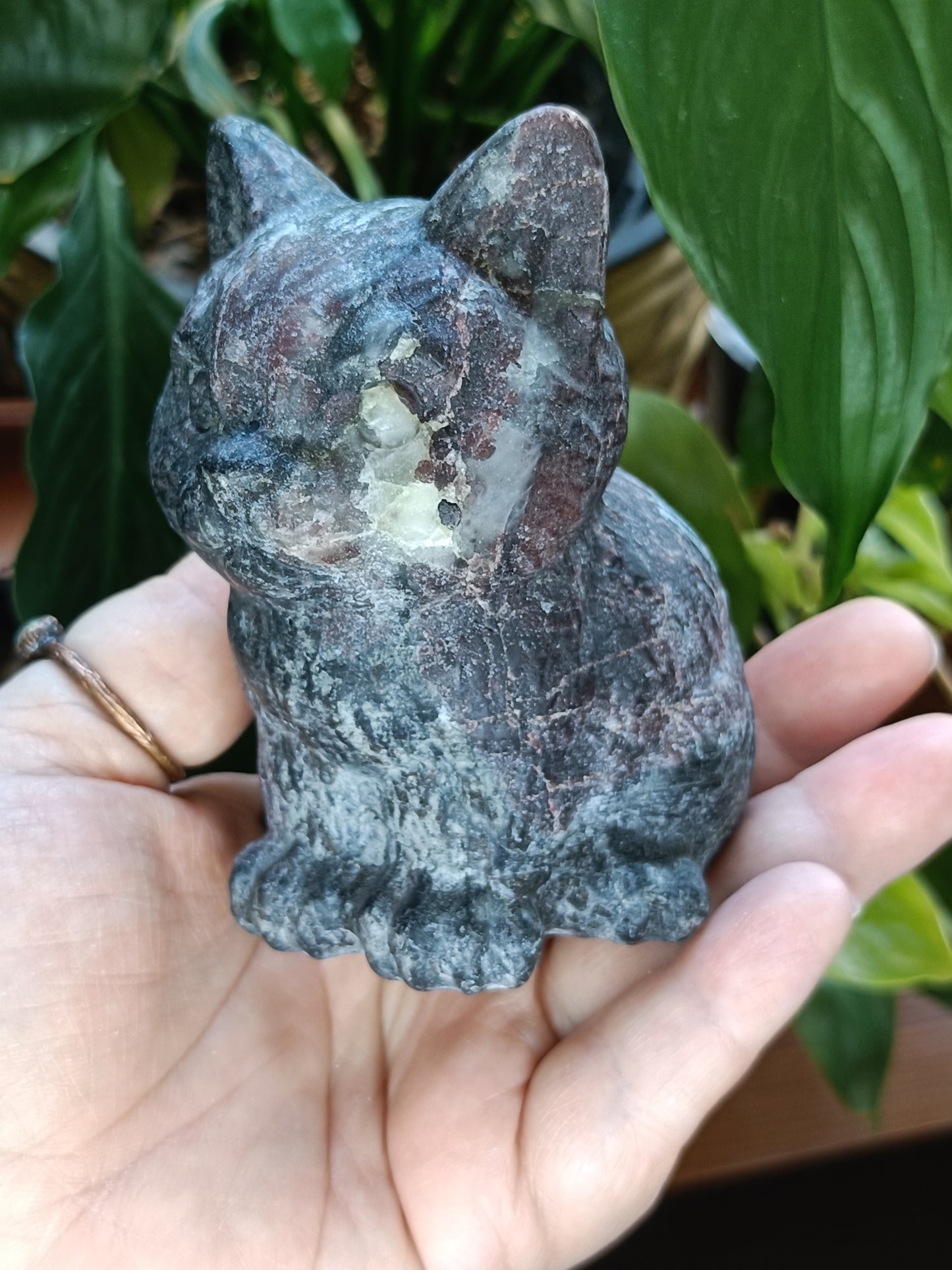 Garnet and Anthophyllite Sitting Cat Carving - 743g