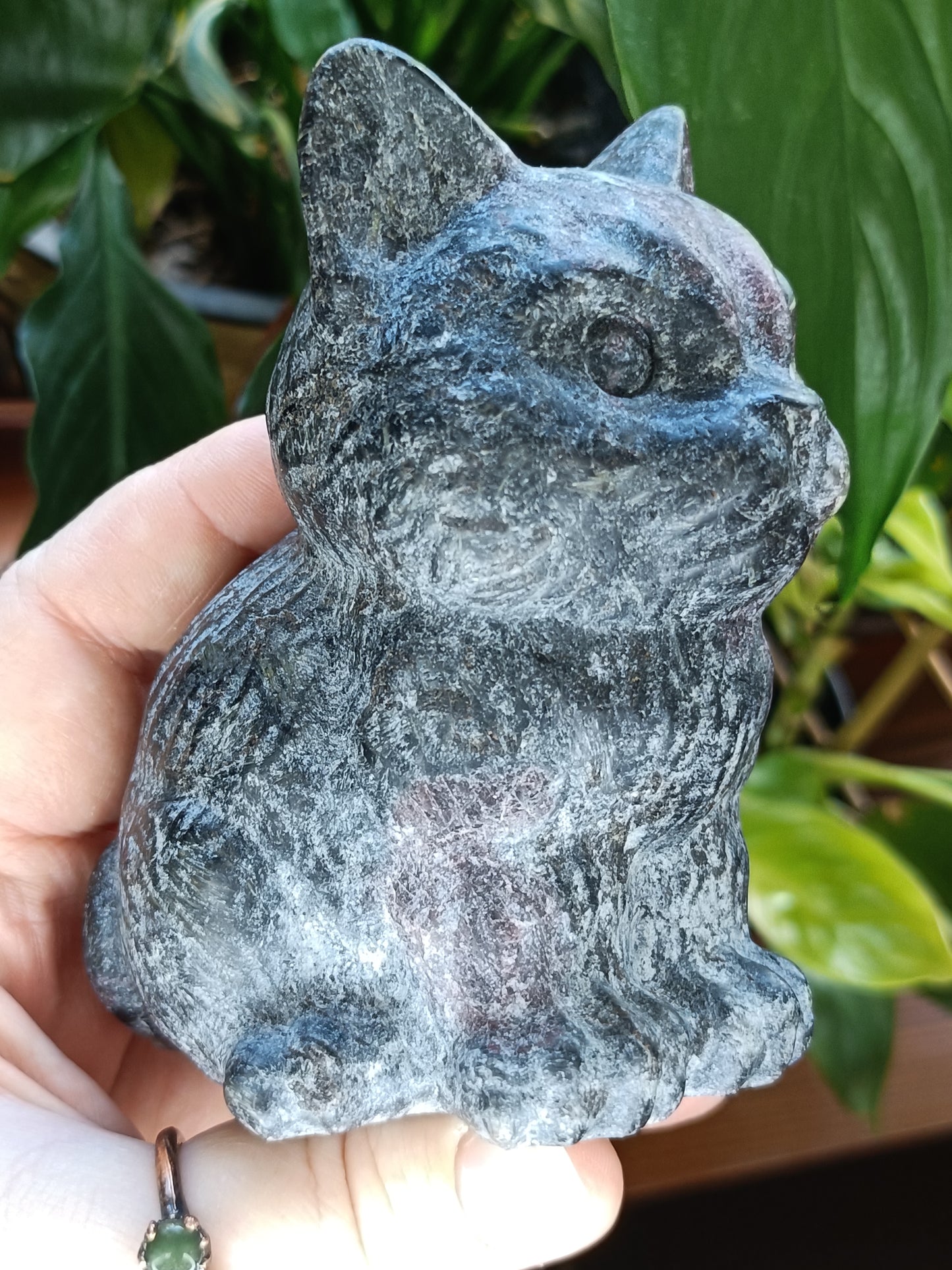 Garnet and Anthophyllite Sitting Cat Carving - 743g