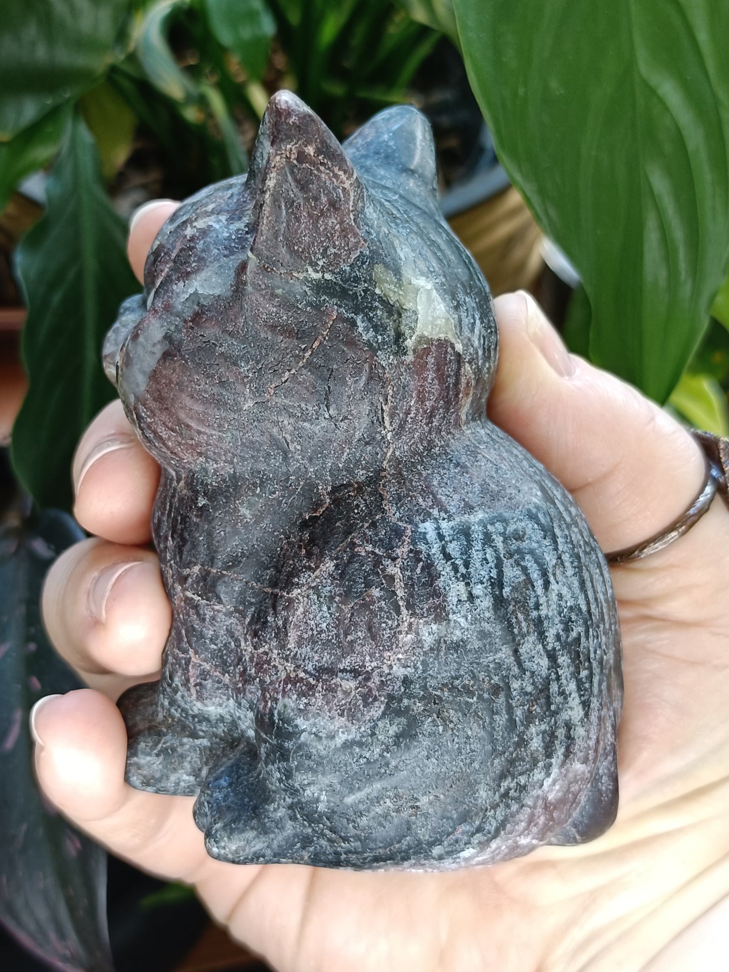 Garnet and Anthophyllite Sitting Cat Carving - 743g